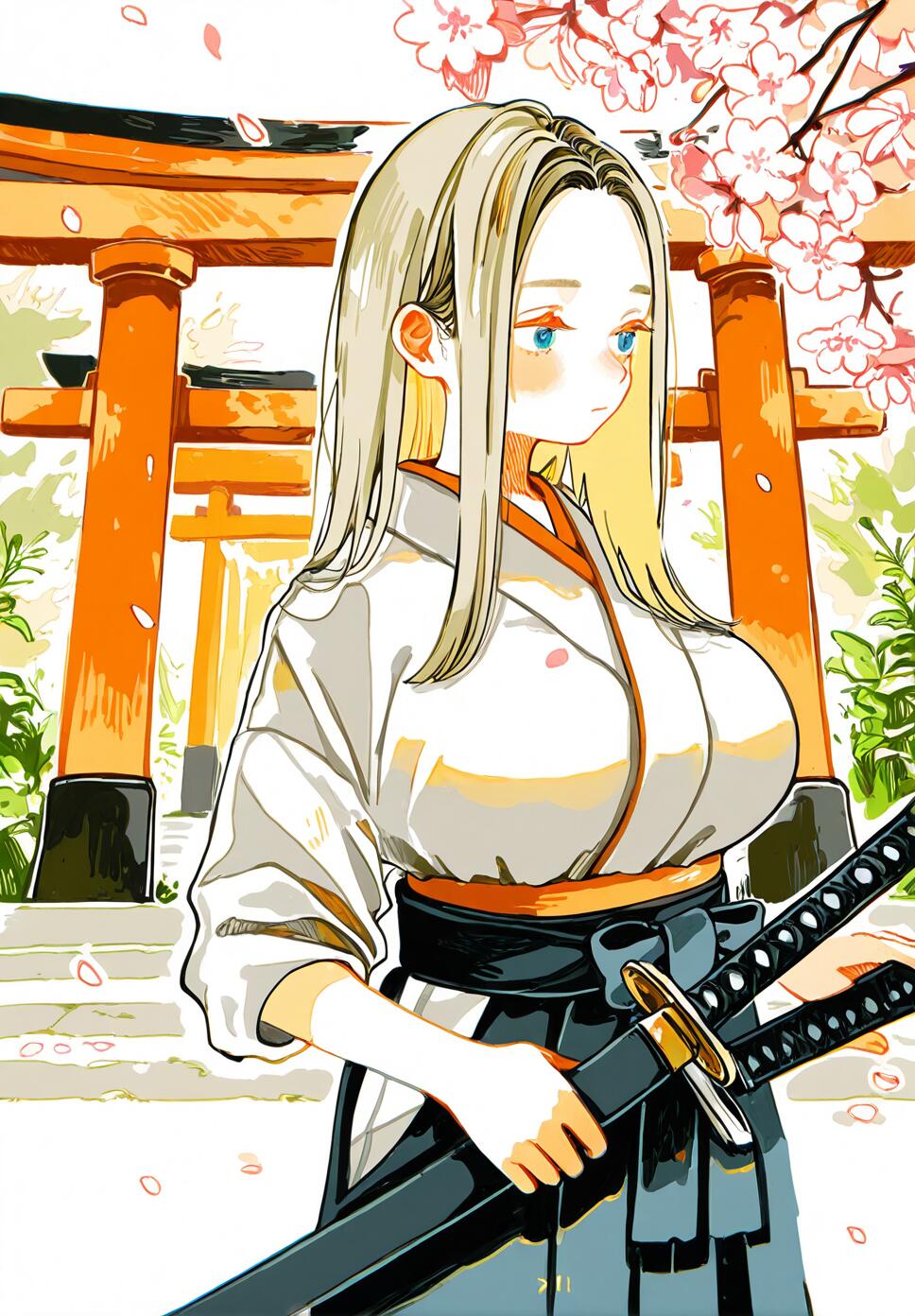 A girl with long beige hair wearing a traditional Japanese kimono and hakama holding a katana under falling cherry blossoms at a Japanese shrine.