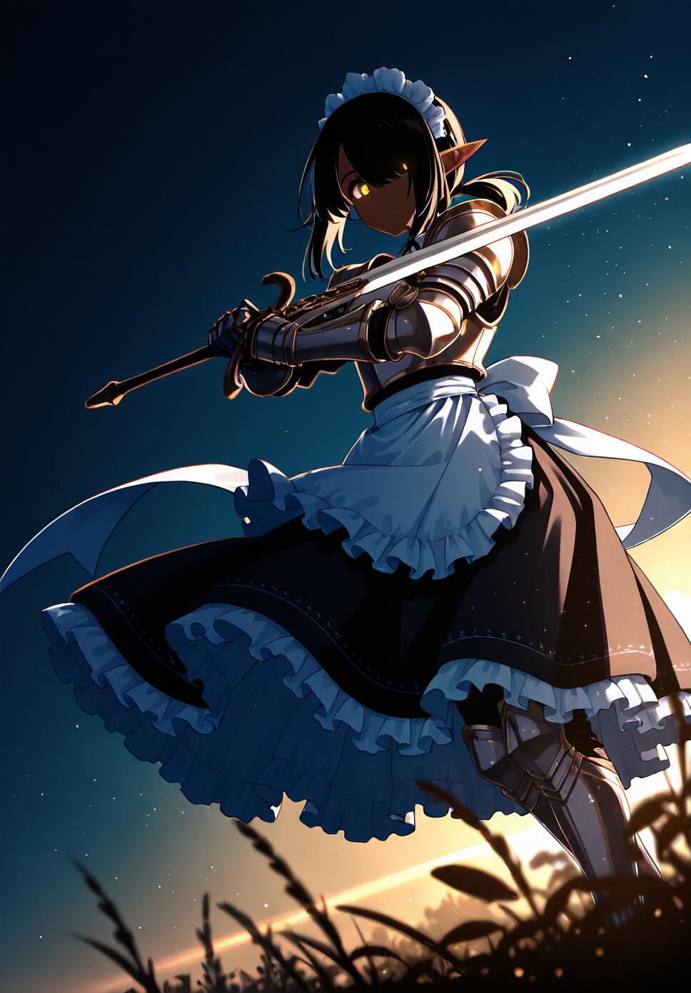 A dark-skinned female knight with pointy ears and glowing golden eyes, wearing a maid-style armor set and holding a large greatsword aimed at the viewer in a sunlit forest.