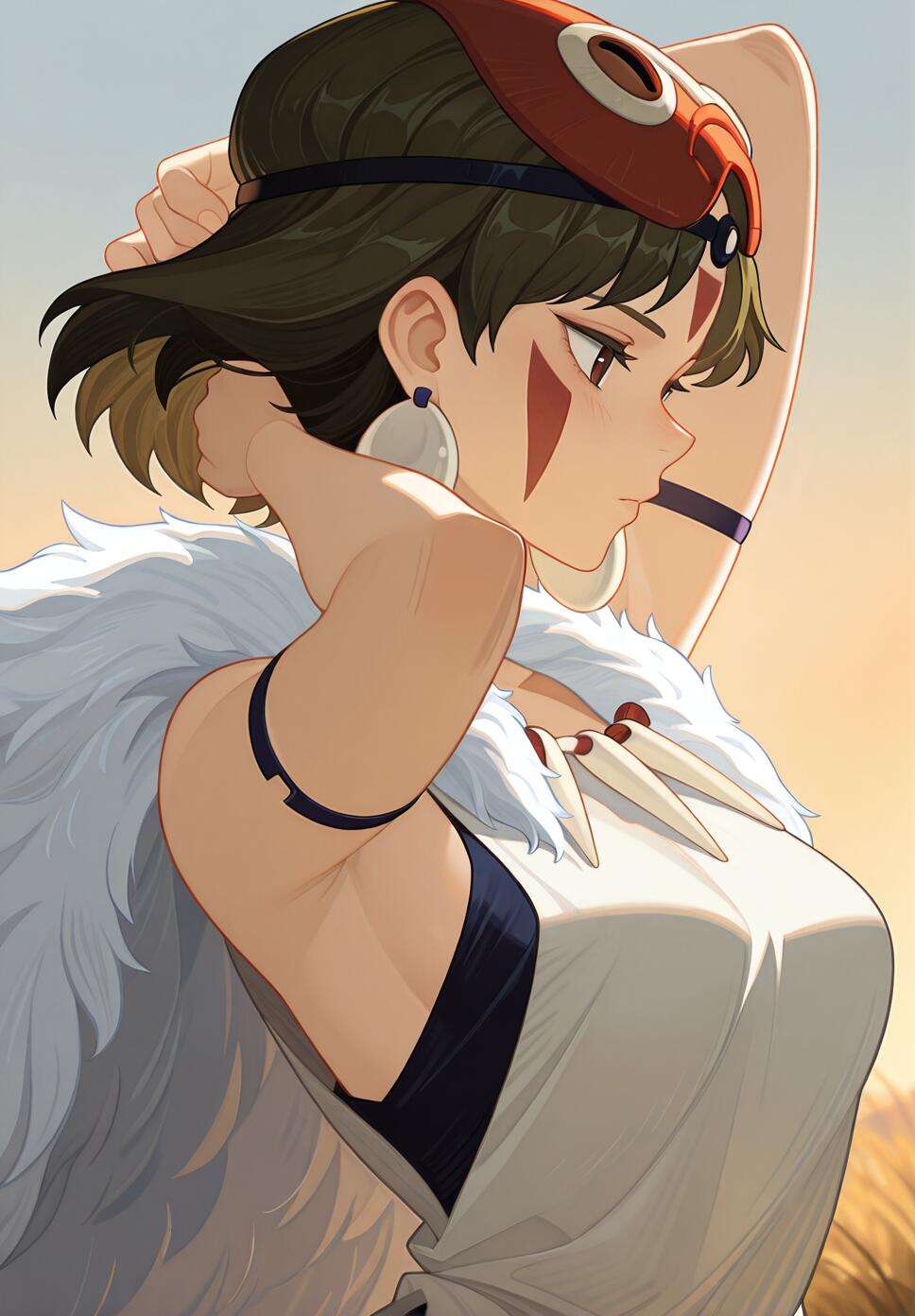 A detailed close-up view of San from Princess Mononoke posing with her arm behind her head.