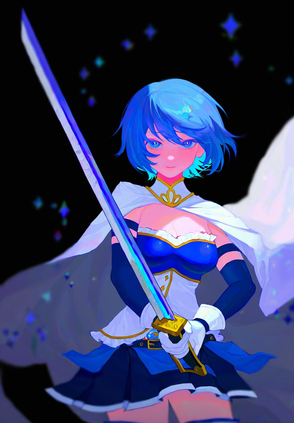 A realistic and cinematic portrait of Sayaka Miki from Puella Magi Madoka Magica wielding a sword.