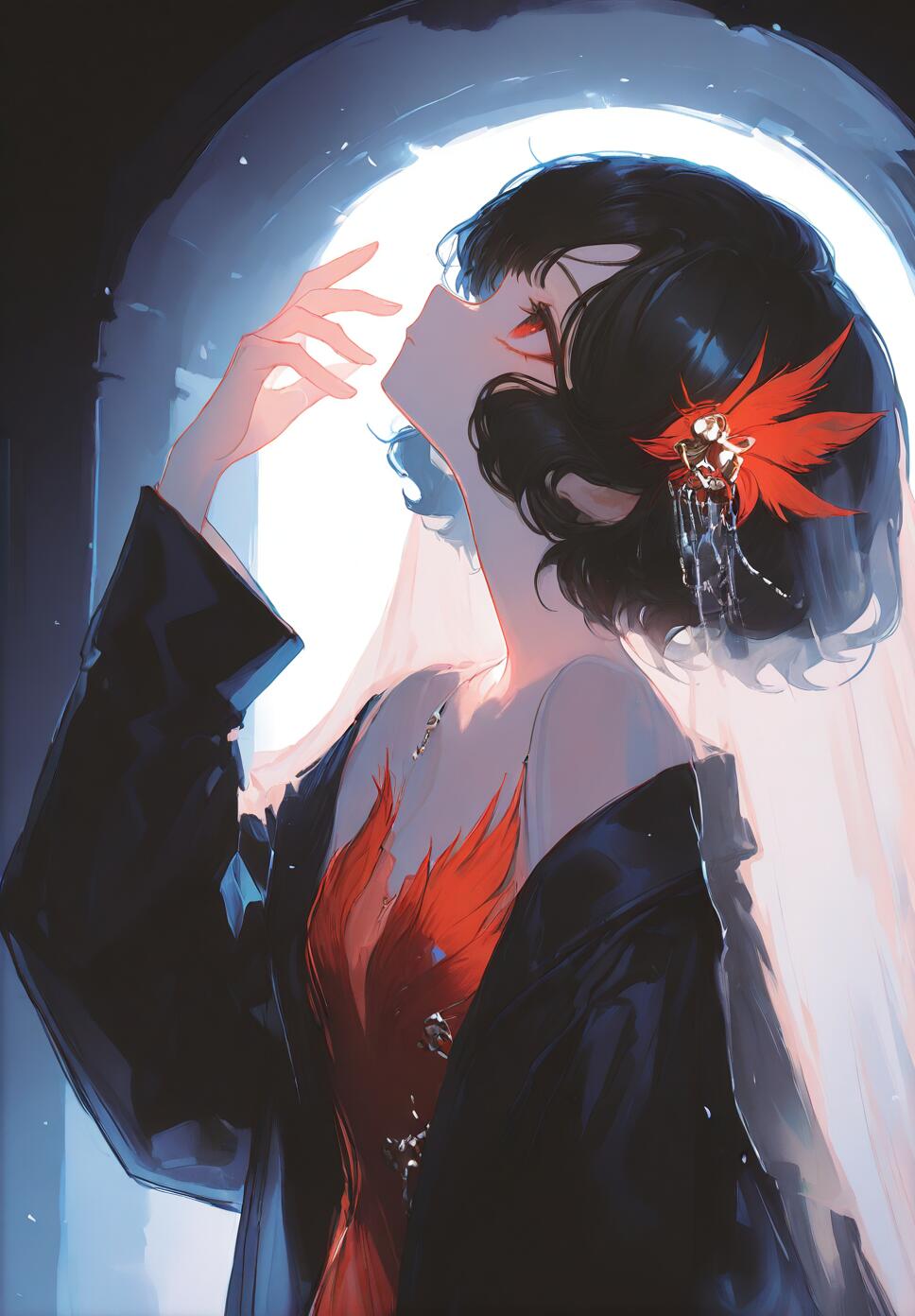 A detailed illustration of Schneider from Reverse: 1999, wearing a black coat and red feather dress with a veil under soft backlighting.