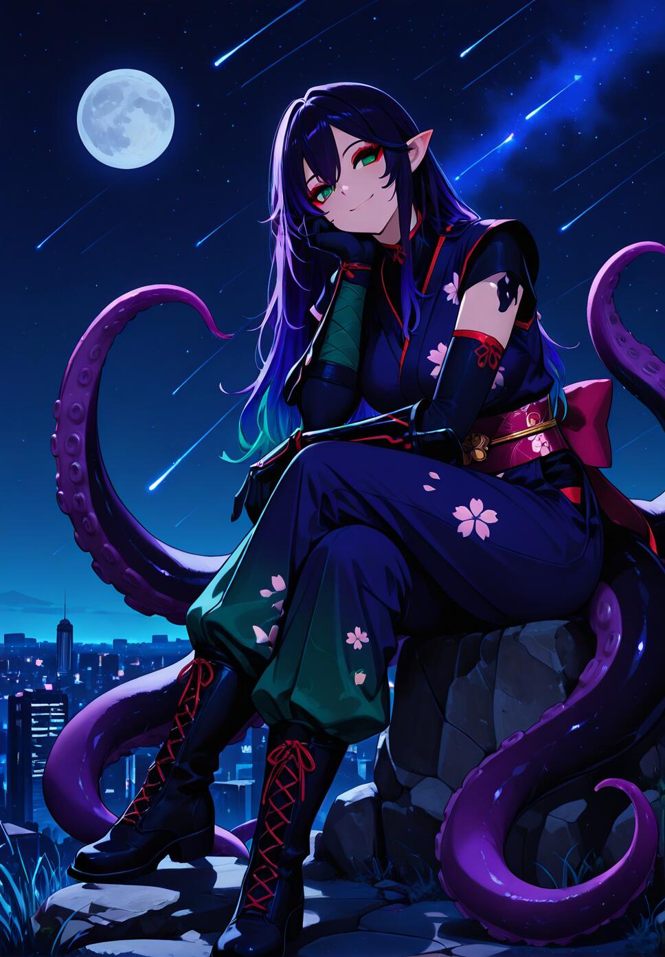 A ninja monster girl with purple and green gradient hair and purple tentacles sitting on a stone under a starry night sky with a meteor shower.