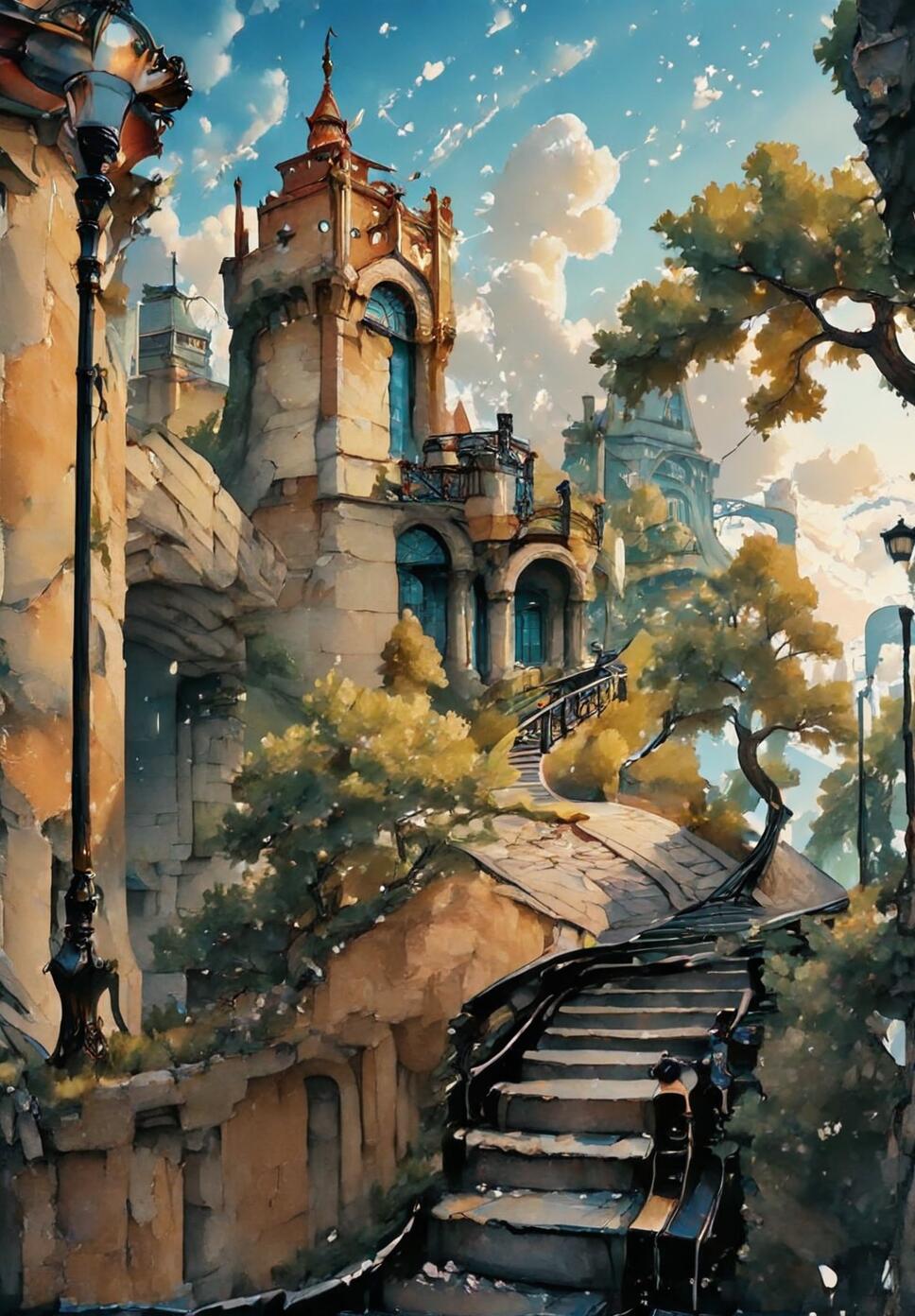 A watercolor illustration of a boy standing outdoors near architectural stairs and a lamppost under a bright blue sky with clouds.