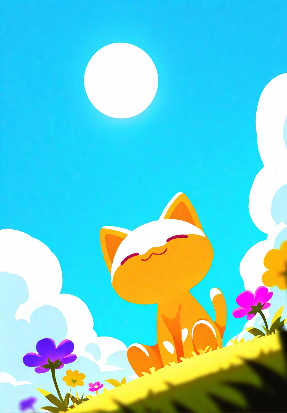 A cute cat smiling with eyes closed, sitting in a colorful meadow of pink, yellow, and purple flowers under a bright sunny blue sky.