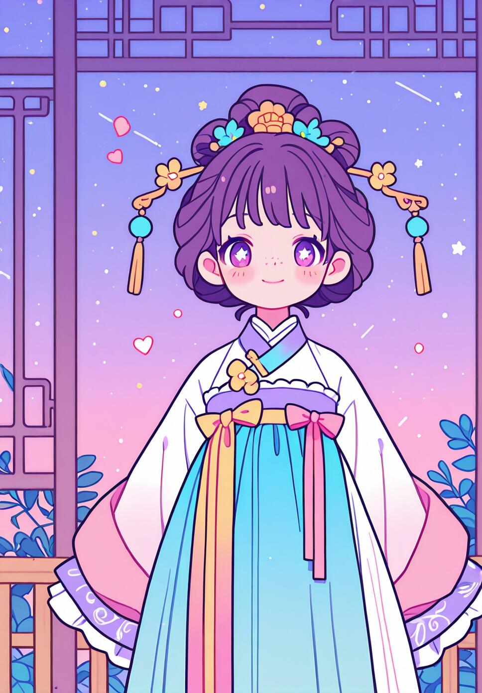 Flat vector illustration of a young woman in pastel pink and green Hanfu holding a large green leaf on a traditional wooden balcony.