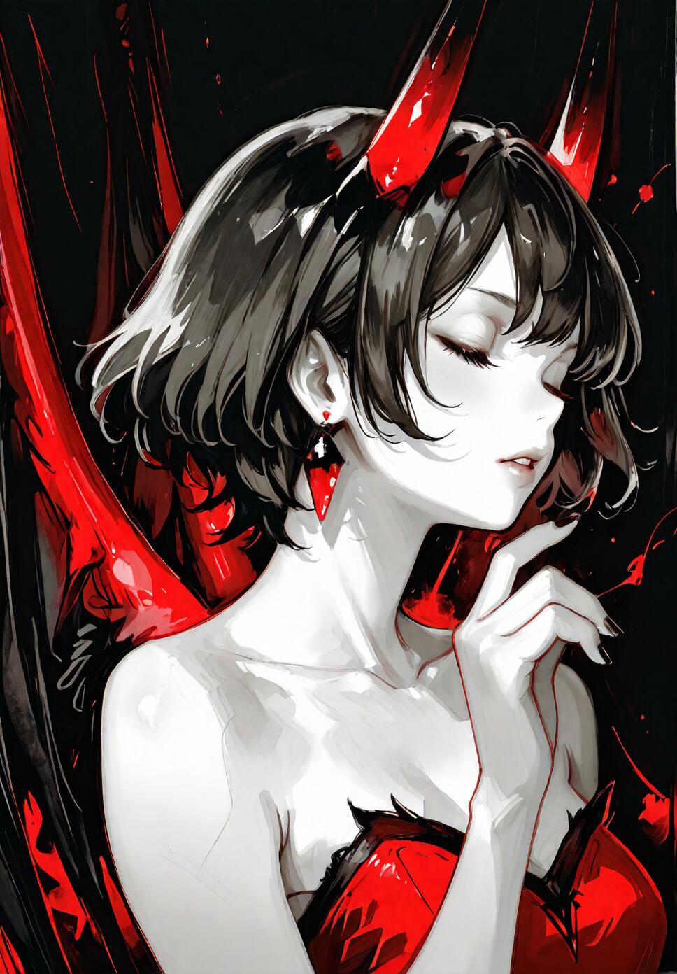 A watercolor and graphite painting of a girl with horns, wings, and a red strapless dress.