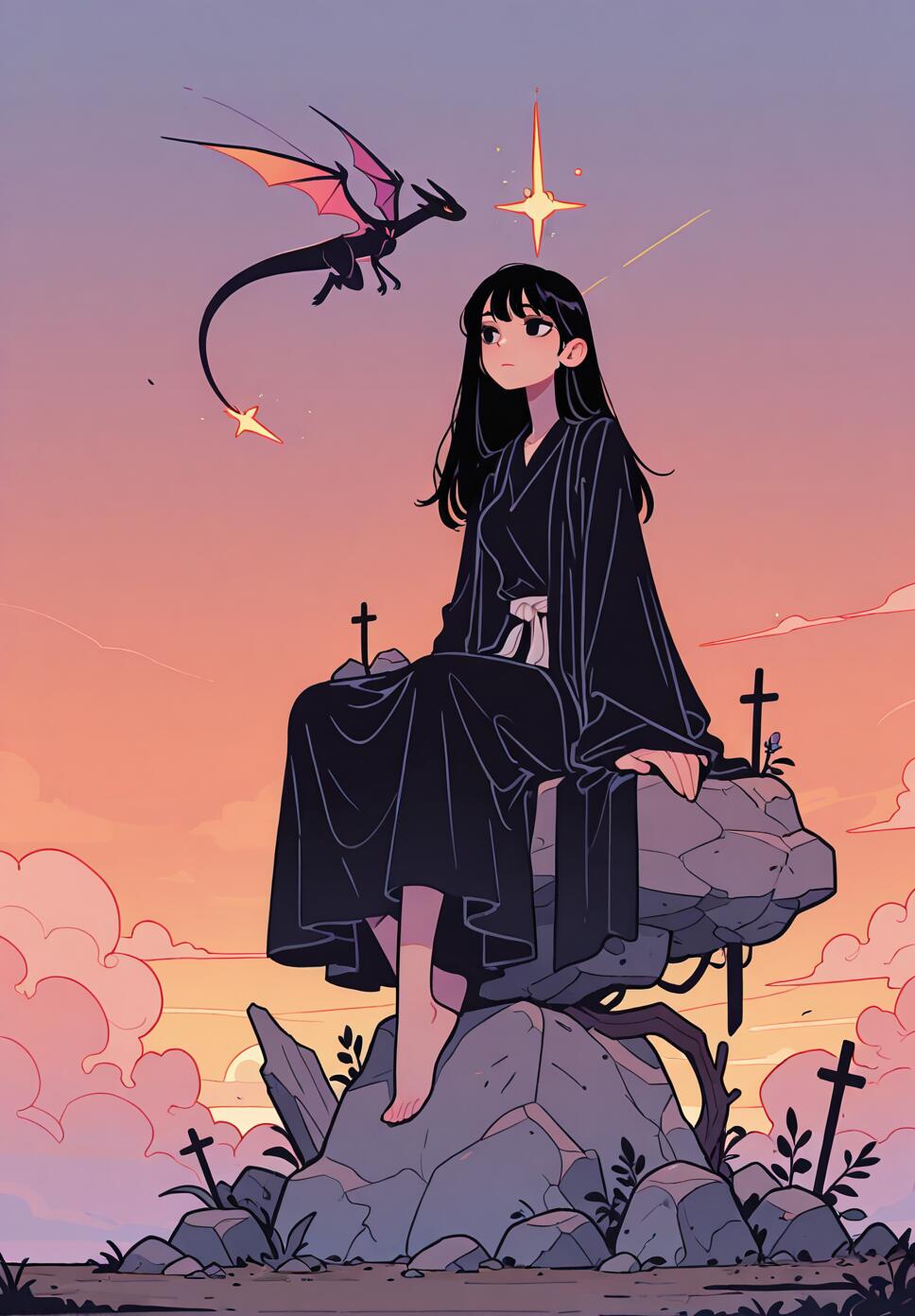 Flat vector illustration of a meditating woman in monk robes on a high mountain peak at sunset with a glowing, translucent serpent.