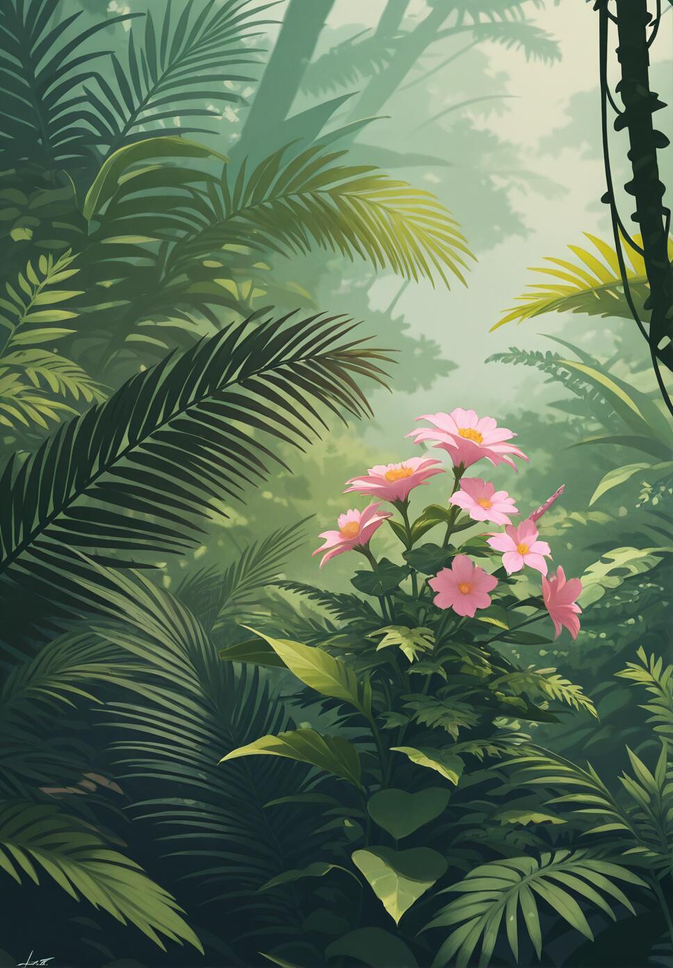 A flat vector illustration featuring pink flowers, green vines, and fern leaves in a peaceful nature setting.