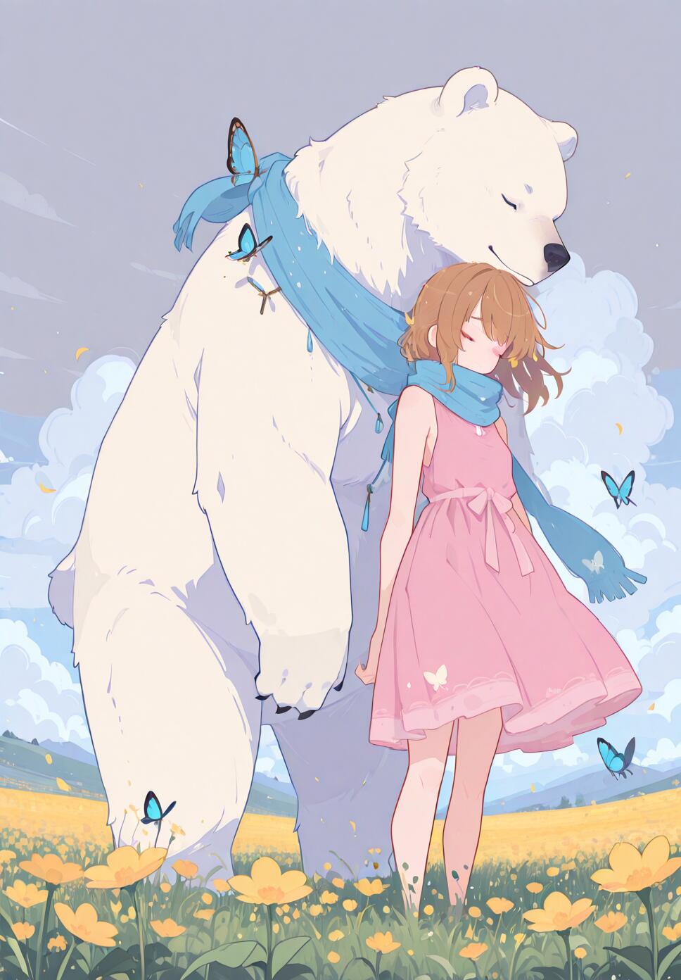 A flat vector illustration of a girl with brown hair, wearing a pink sleeveless dress and blue scarf, standing in a field of yellow flowers with a polar bear and butterflies under a cloudy sky.