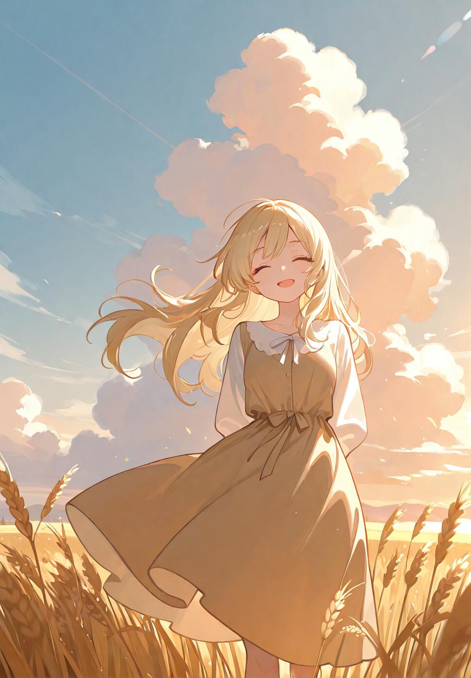 A blonde woman with a serene smile standing in a swaying wheat field during a warm sunset.