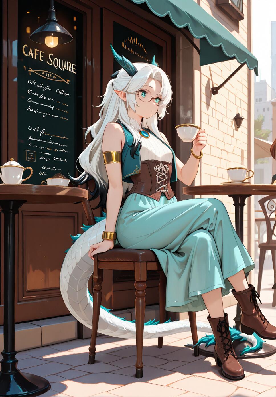 A mature dragon girl with white horns and aqua eyes, wearing glasses and a corset, sitting at a cafe table in a sunny city square holding a teacup.
