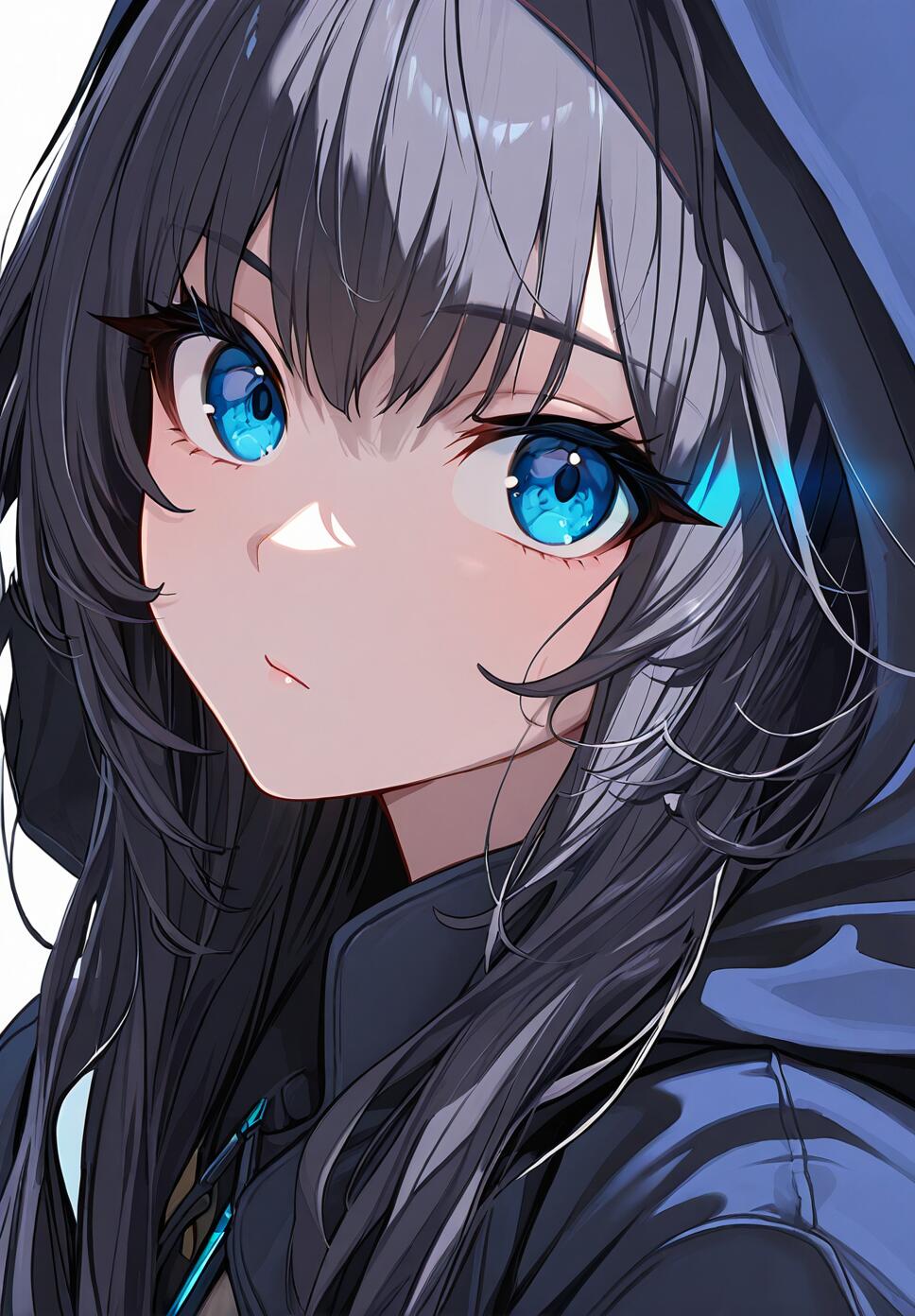 A high-resolution, detailed portrait of a character with piercing eyes and dramatic, high-contrast lighting in a dystopian setting.
