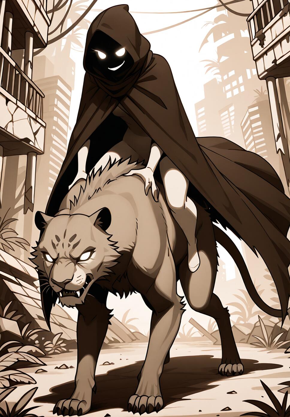 A girl in a shadow-blending cloak riding a black panther with glowing eyes through ancient jungle ruins, sepia monochrome style.
