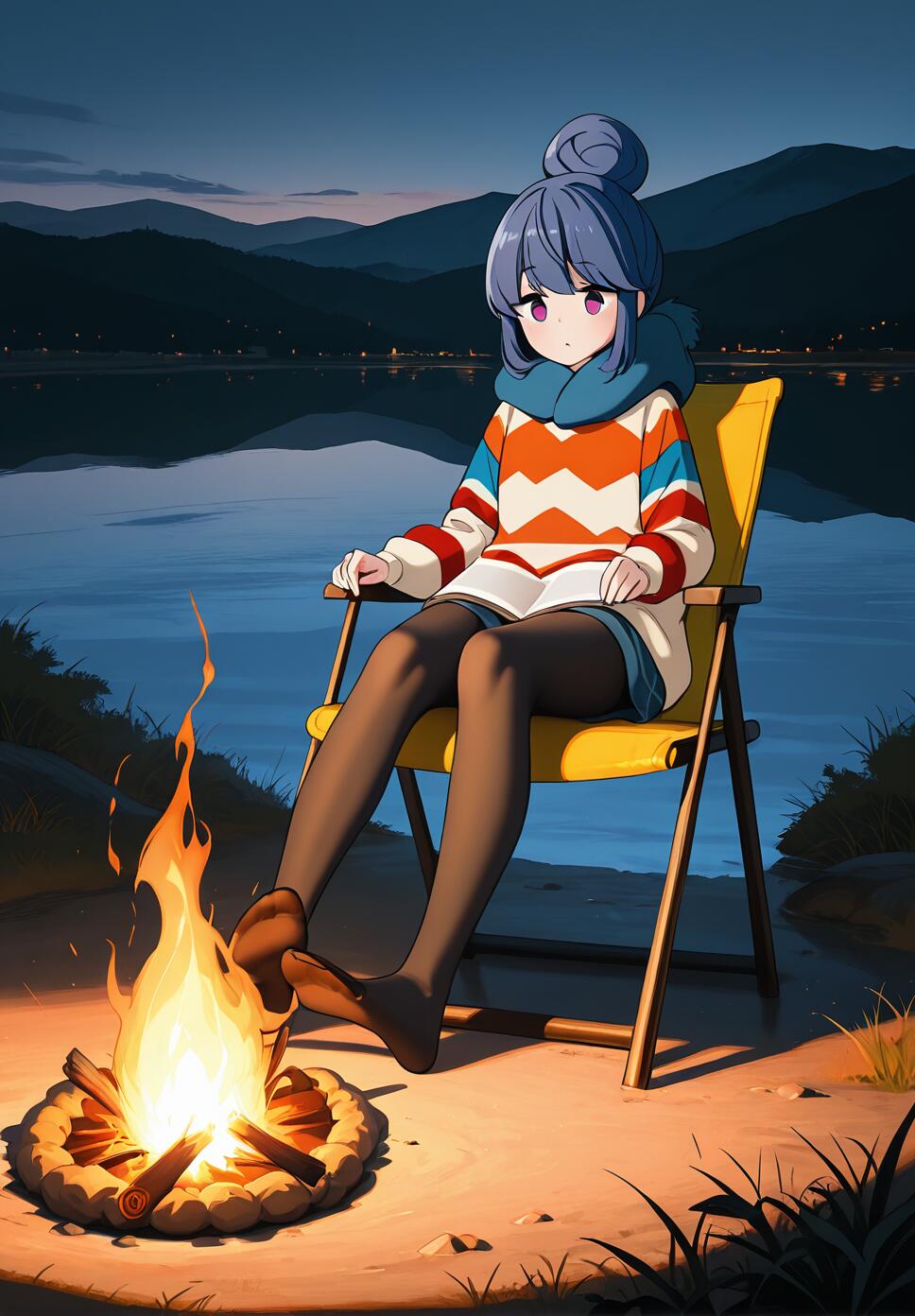 Shima Rin from Yuru Camp sitting in a chair by a lakeside bonfire at night.