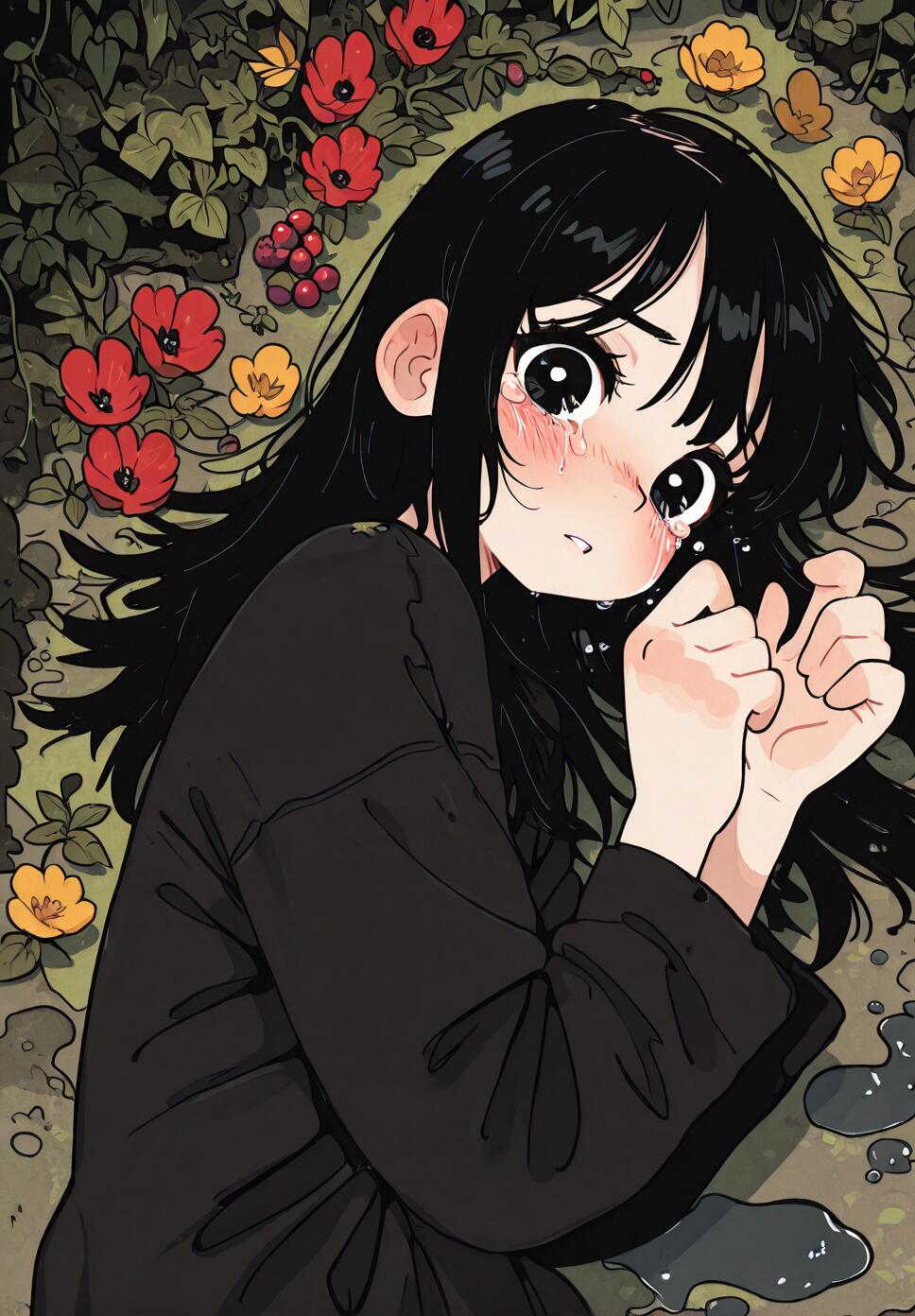 A flat vector illustration of a girl with long black hair and black eyes crying while lying in a mossy forest surrounded by red and yellow flowers and ivy.