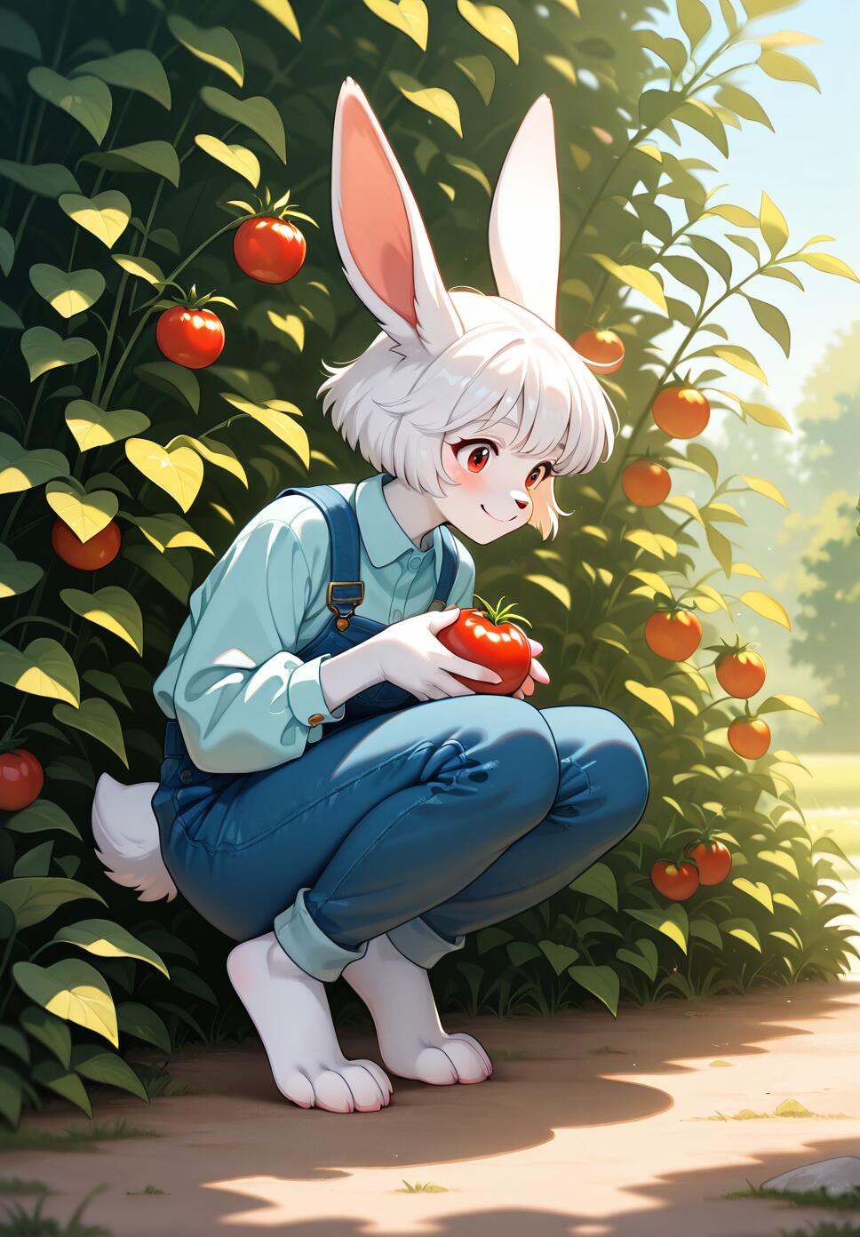 An anthropomorphic white bunny girl with long ears and paws, wearing overalls, smiling while touching a tomato plant in a lush, sunlit spring garden, oil painting style.
