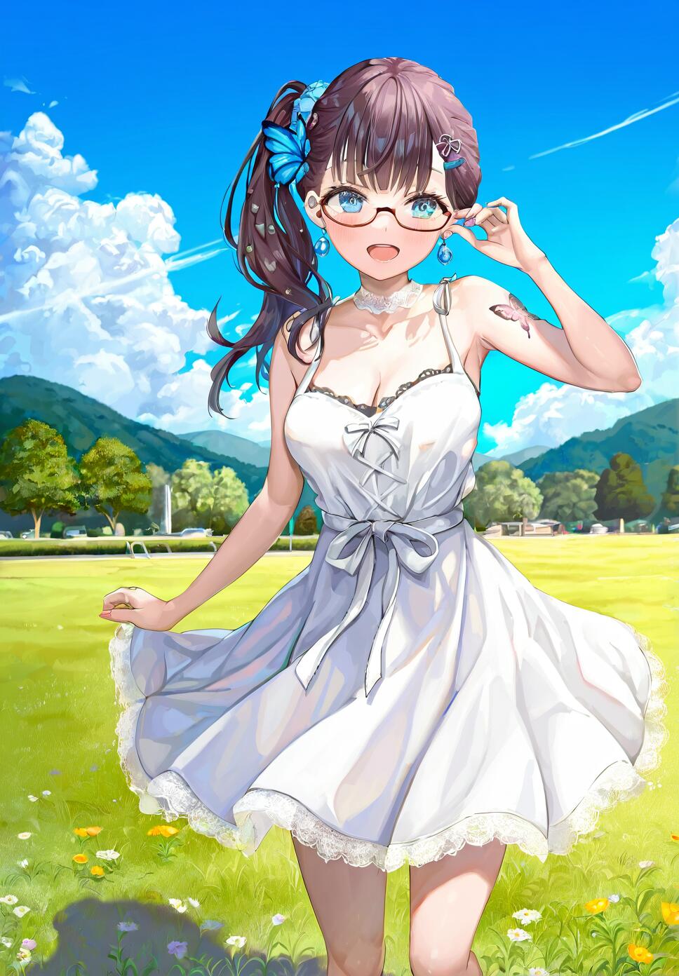 A young woman with a side ponytail and glasses adjusting her eyewear in a sunlit park during golden hour, wearing a sundress and a lace choker.