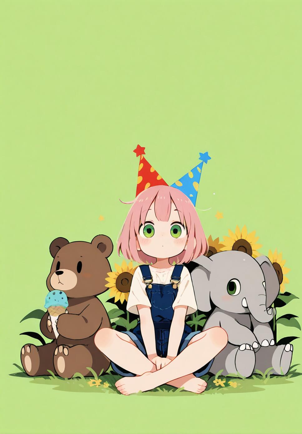 An illustration of a girl with pink hair and green eyes sitting in a field of sunflowers eating an ice cream cone.