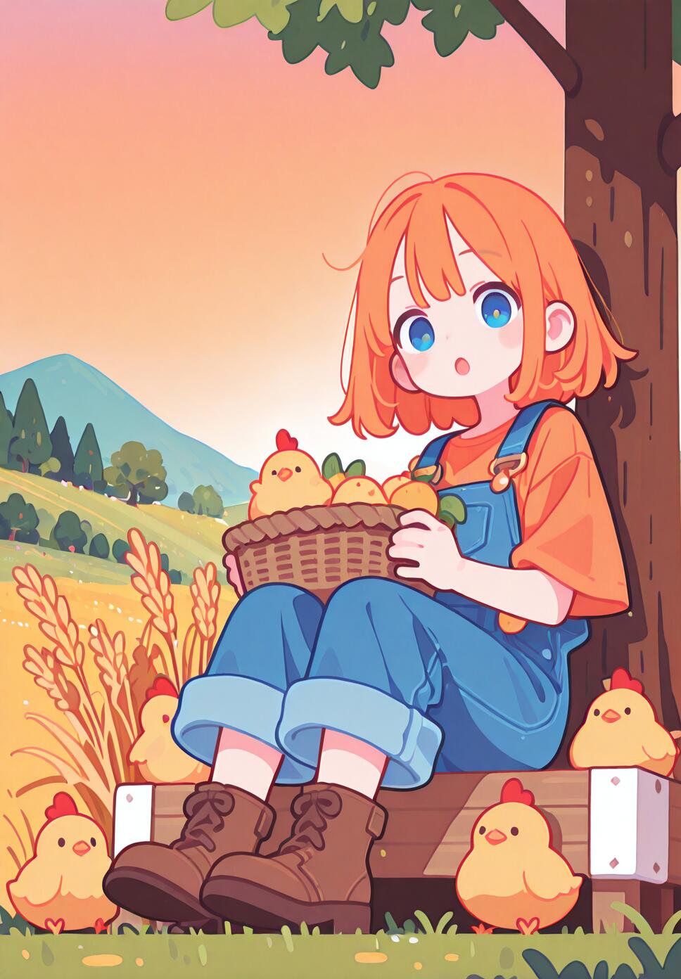 Flat vector illustration of an orange-haired girl in blue overalls sitting in a wheat field at sunset holding a basket of fruit and a chick.