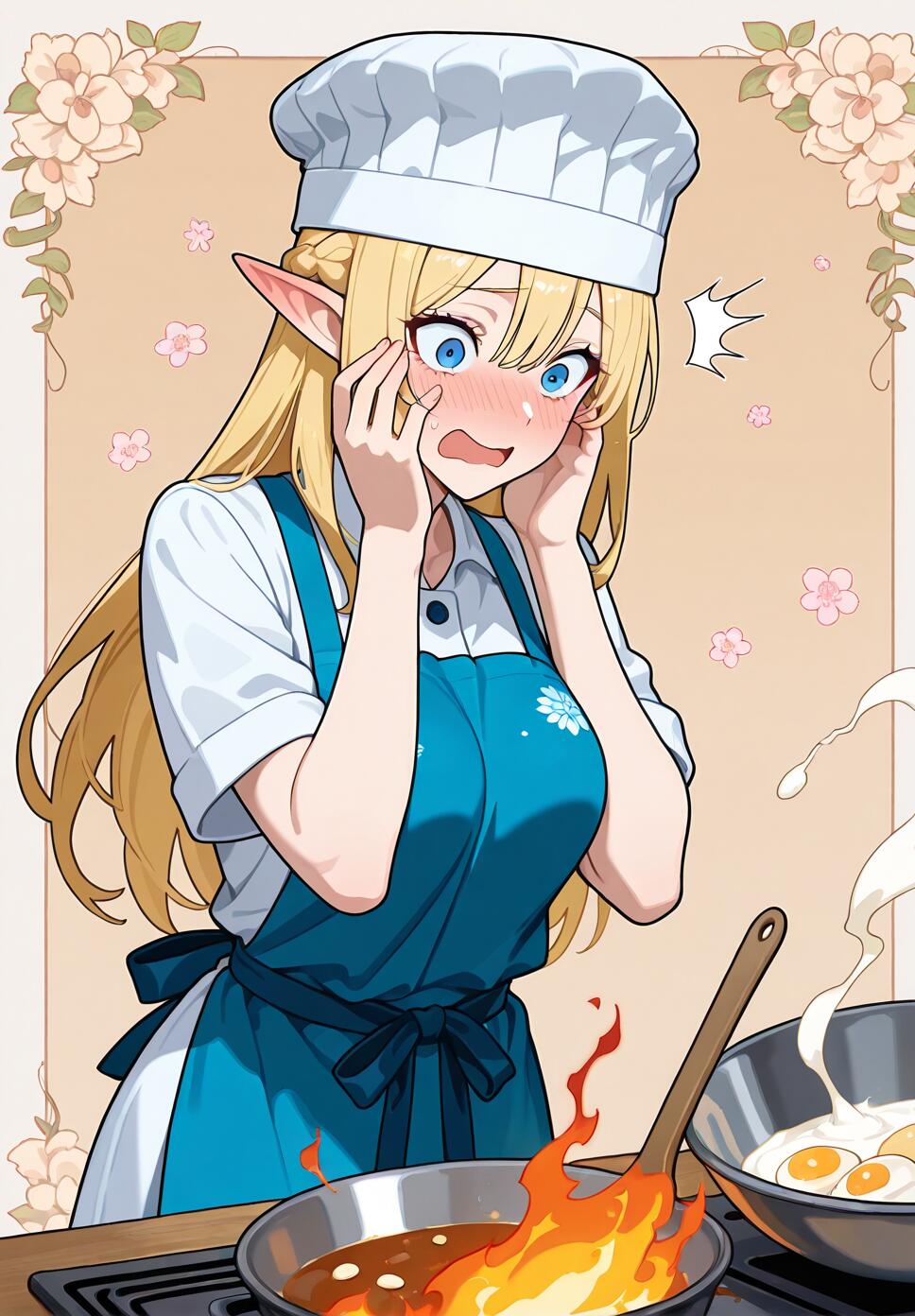 Flat vector illustration of a shocked blonde elf girl in a chef hat and blue apron cooking near a fire.