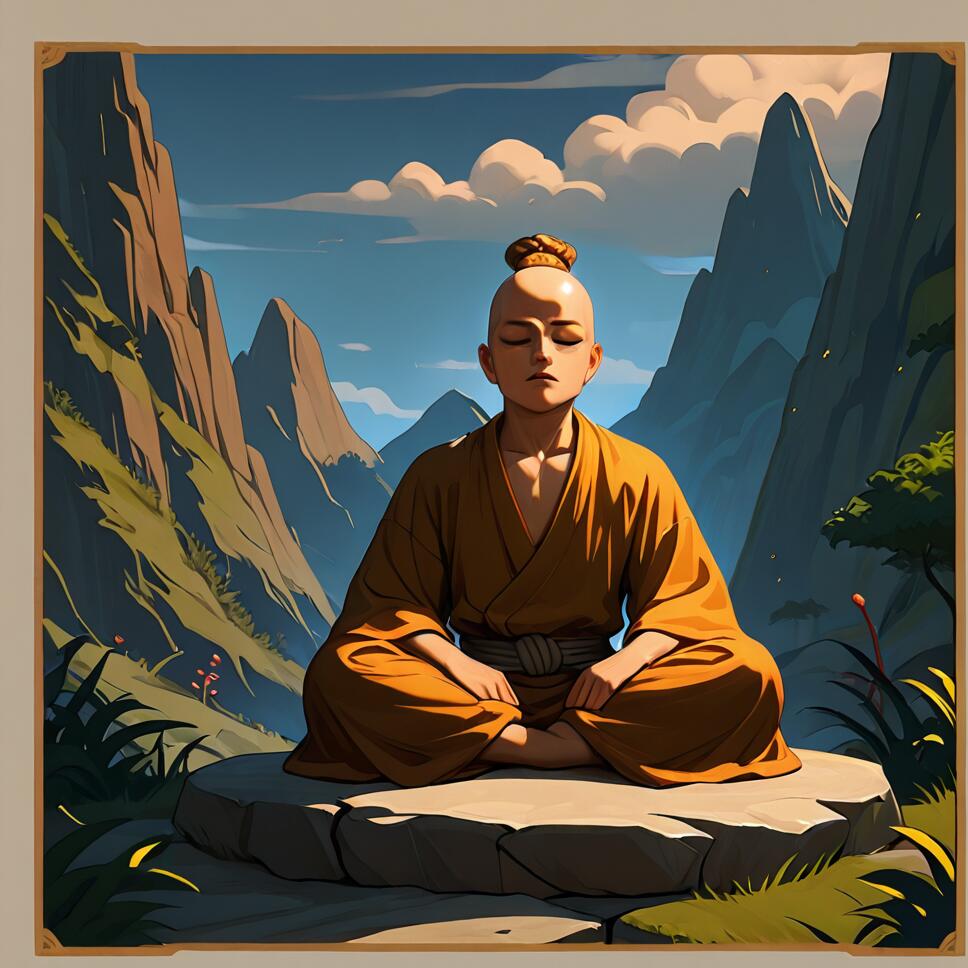 A close-up of a young monk with braided hair meditating in a lush, rocky mountain environment under a vast sky.