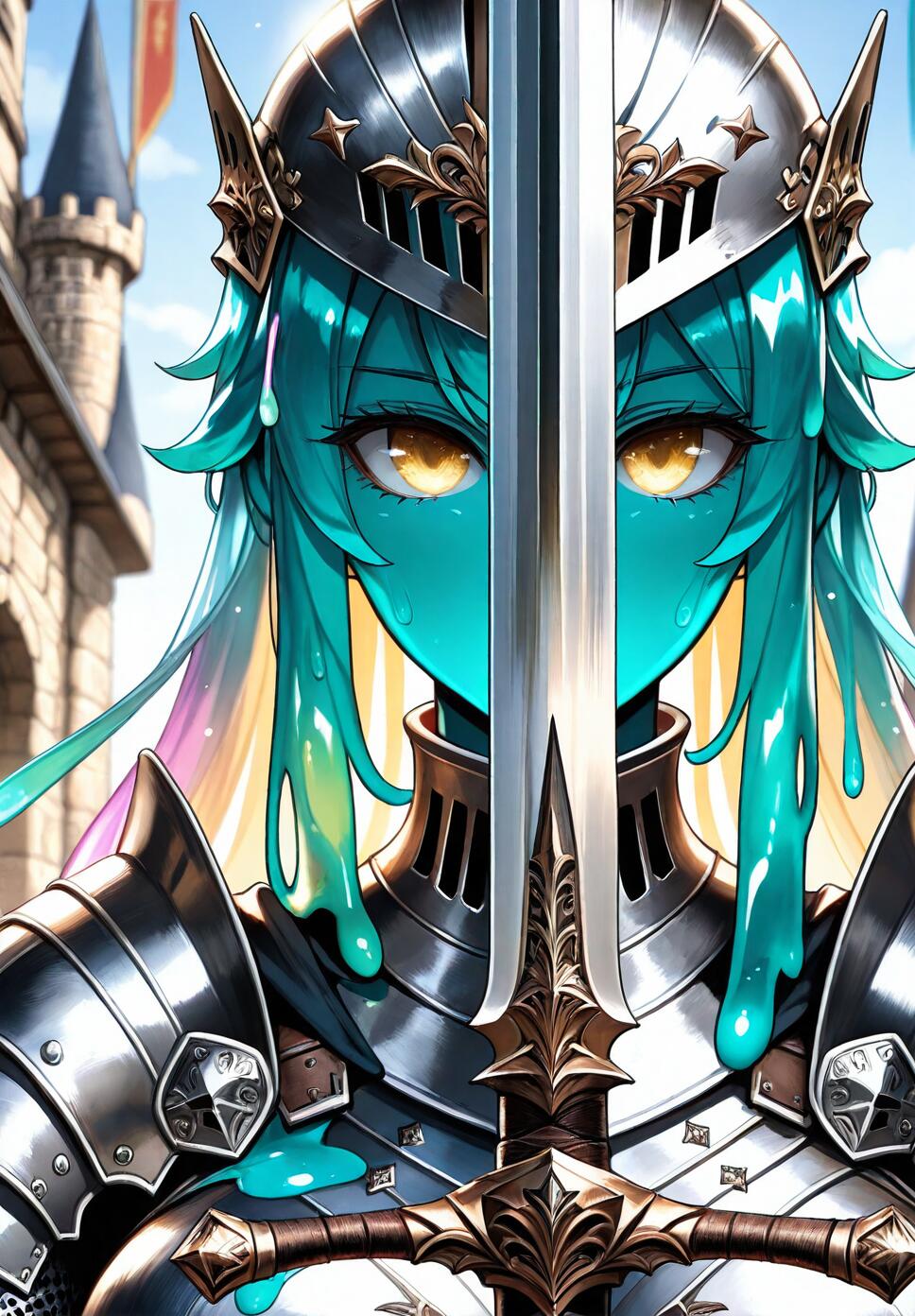 A close-up portrait of a blue slime girl knight wearing pearlescent armor and holding a sword under a bright sunny sky.