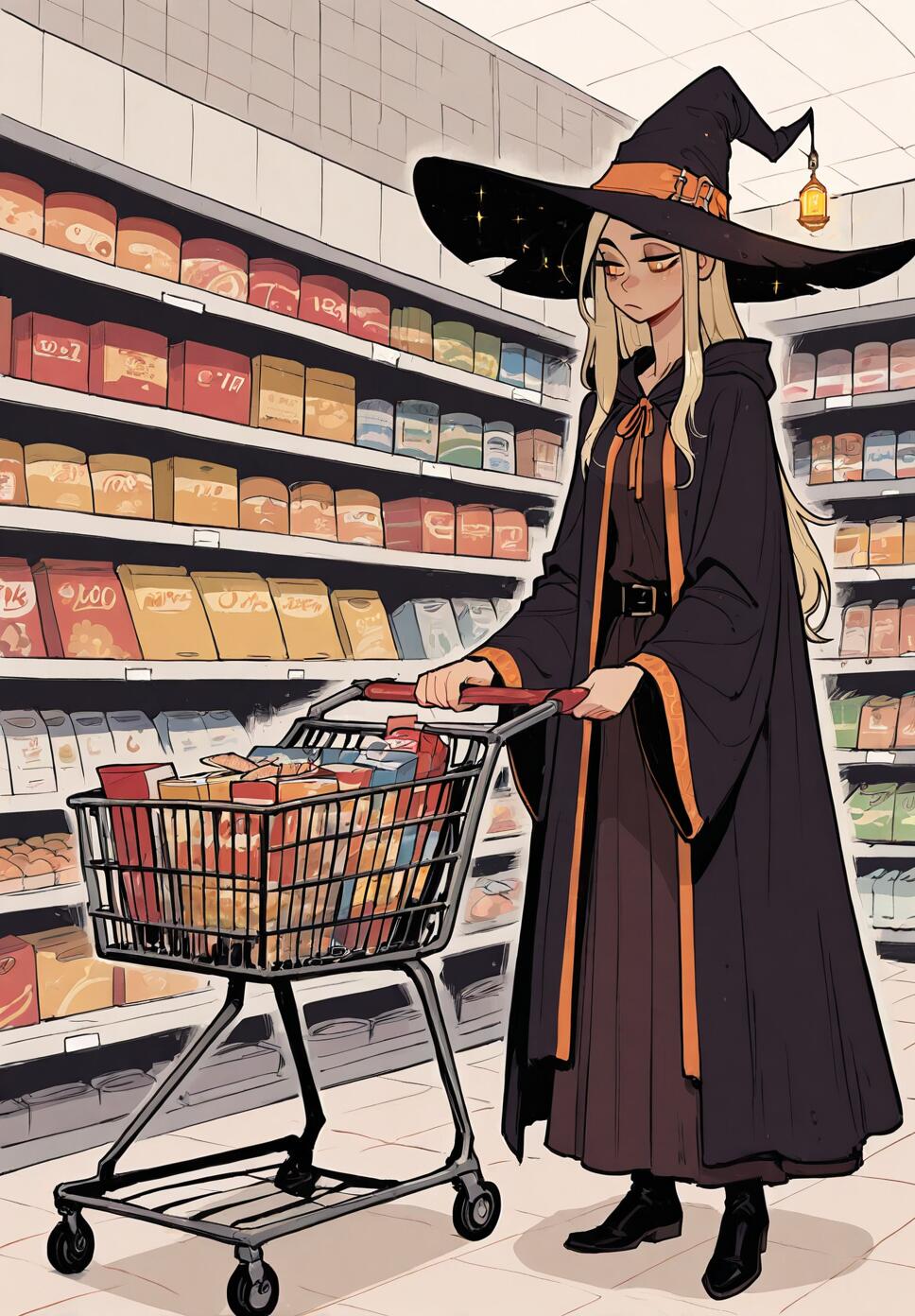 A blonde mage wearing a large witch hat and robes using magic to levitate cereal boxes into a shopping cart in a supermarket.