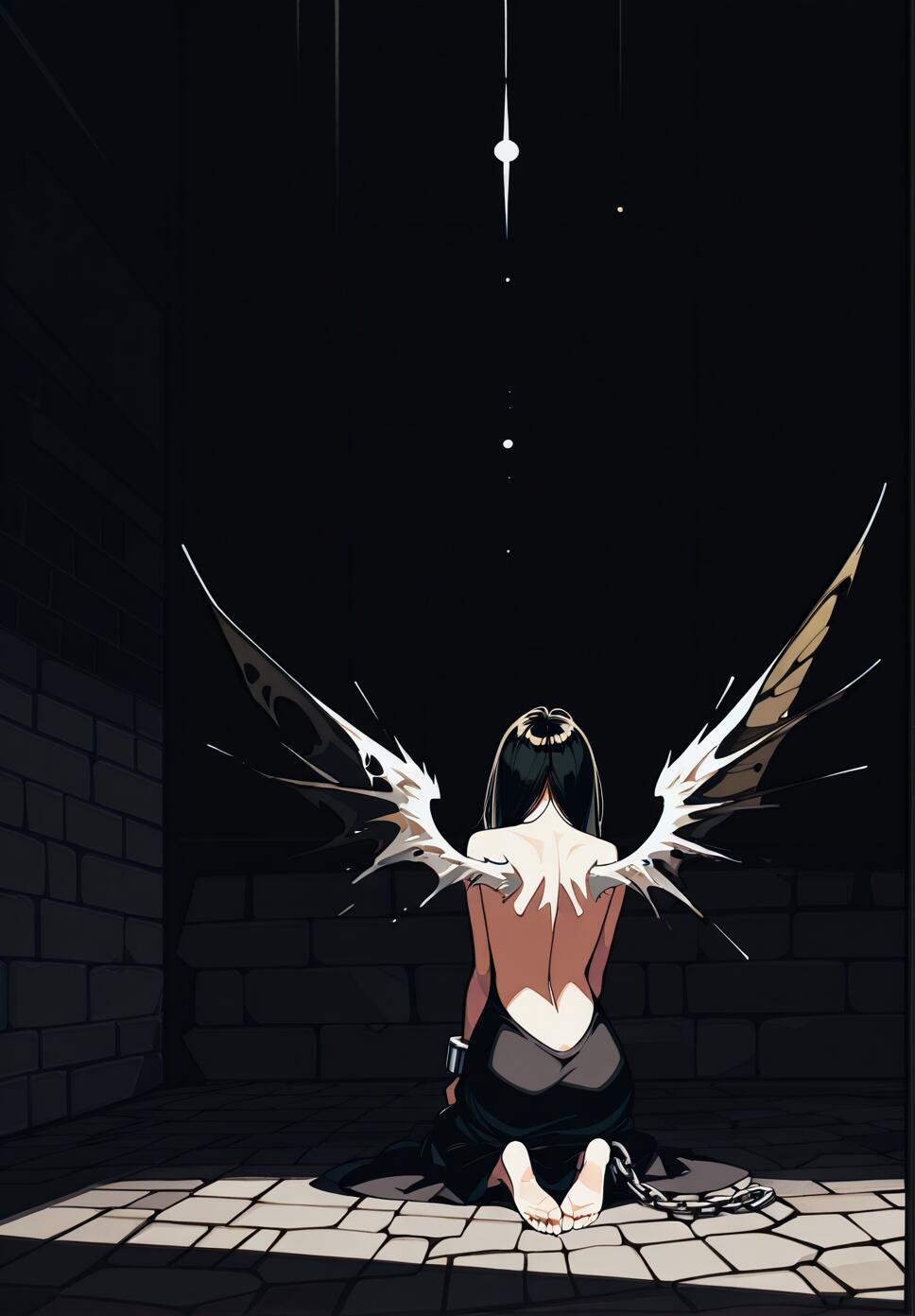 A view from behind of a kneeling figure with torn, folded fairy wings, wearing a backless dress and bound by a single shackle and chain against a dark stone wall.