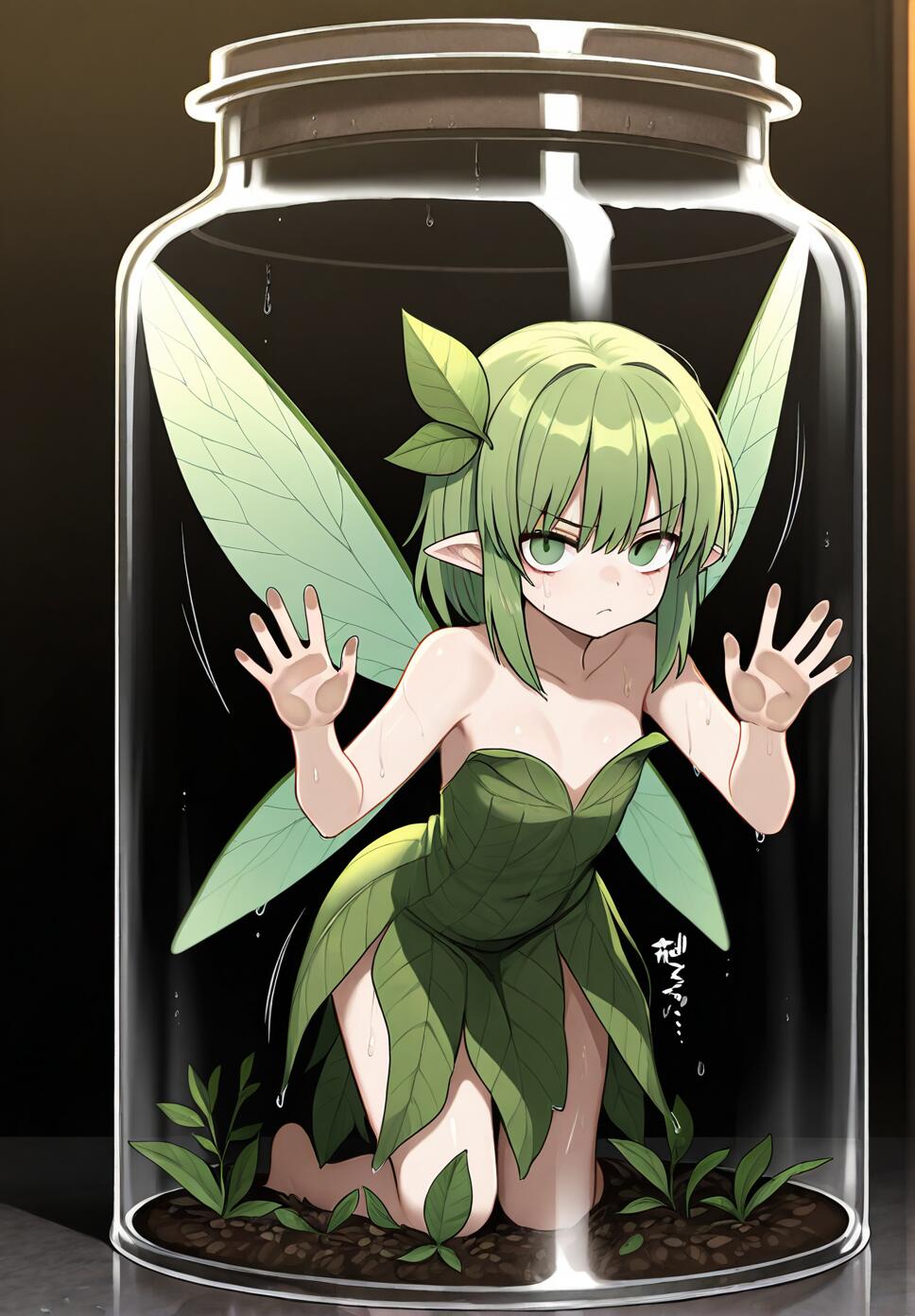 A tiny green-haired fairy with leaf-patterned clothing pressing against the inside of a large glass jar.