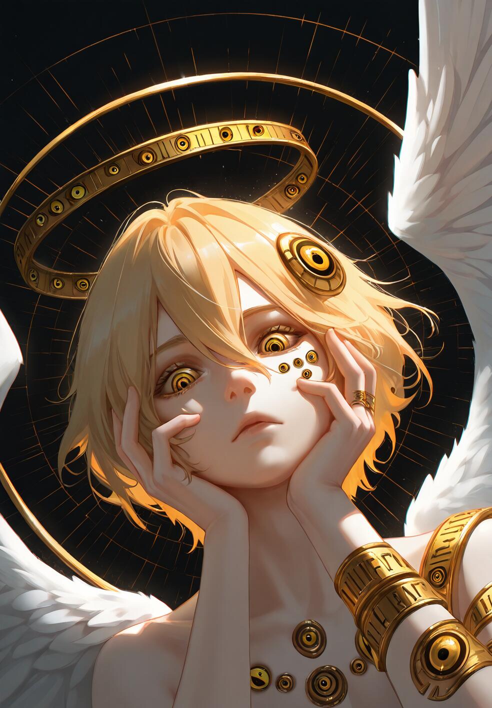 A surreal, close-up portrait of a male seraph with multiple eyes on his face, looking down with a hand on his face, featuring large wings and a floating golden ring.