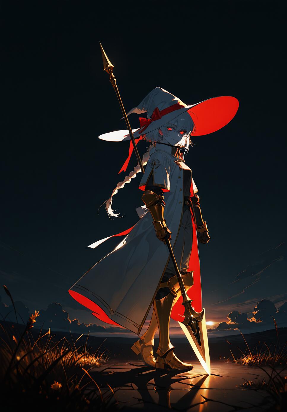 A white-haired female warrior in a witch hat and white-and-red armor holding a spear, set against a dark, cosmic space horizon with a golden aura.