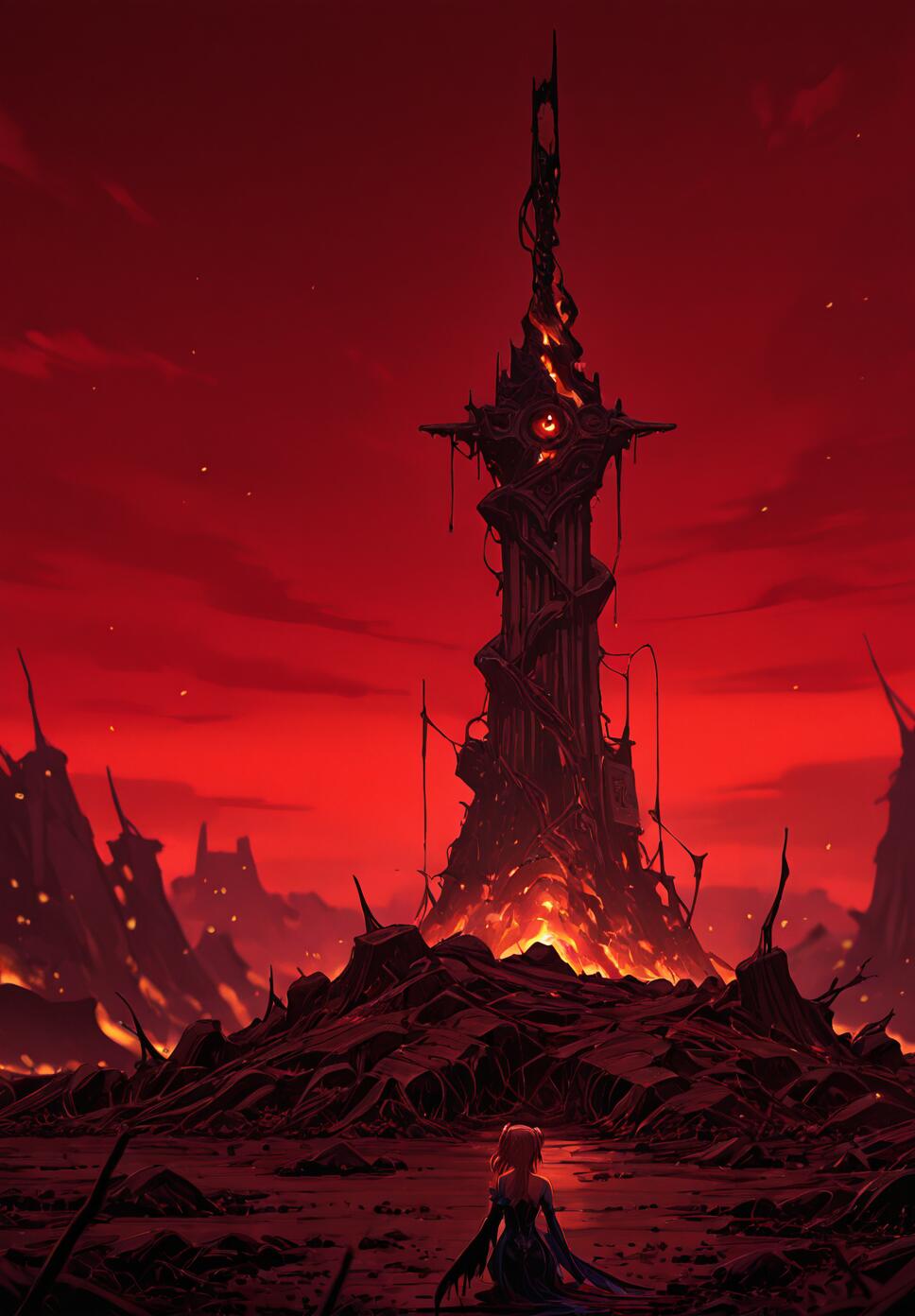 Fischl from Genshin Impact in a dark fantasy landscape with a crimson sky, red mist, and dead trees.