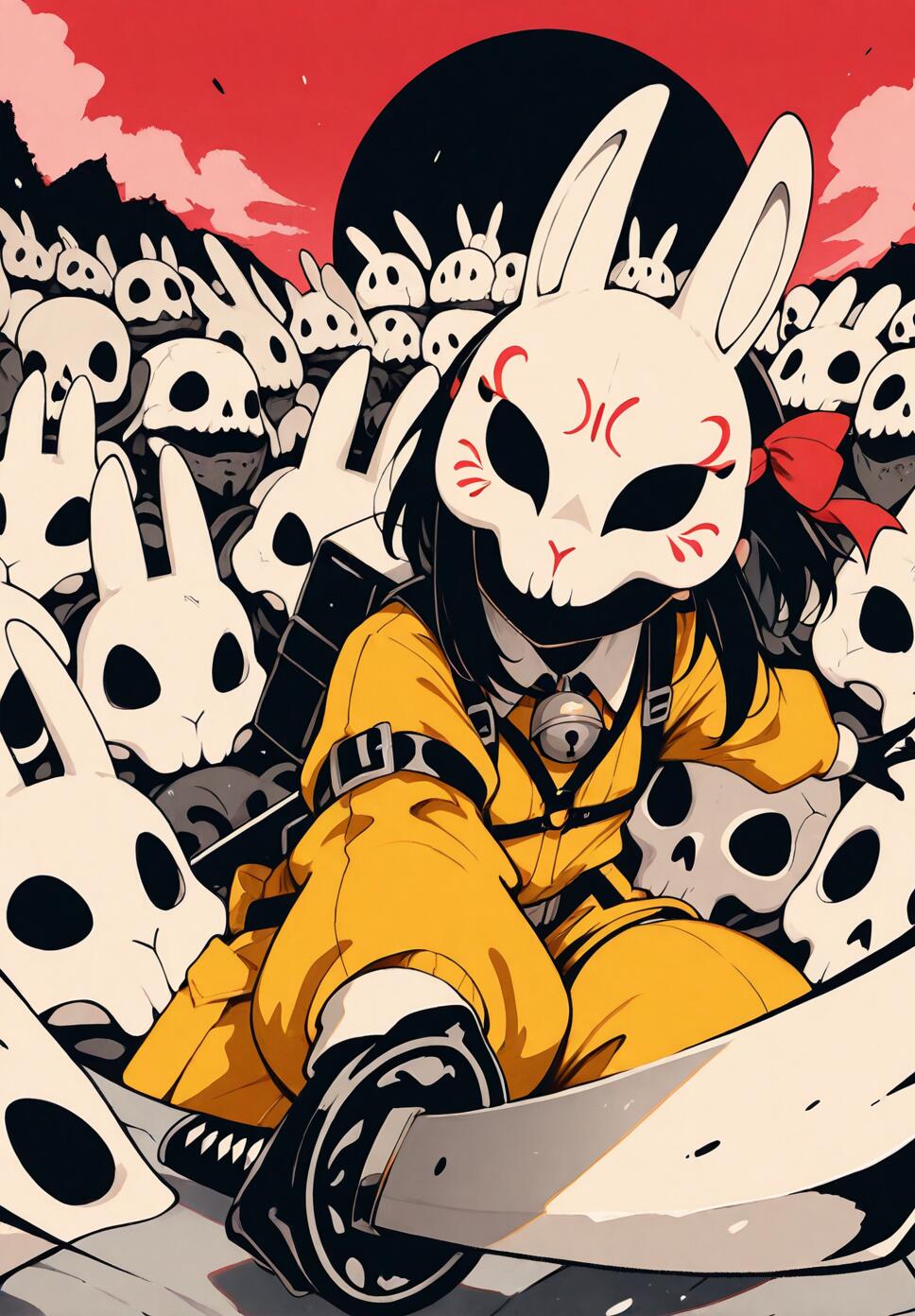 An androgynous character in a yellow jumpsuit and multiple masks, including a skull mask, wielding a sword against a red sky and black moon.