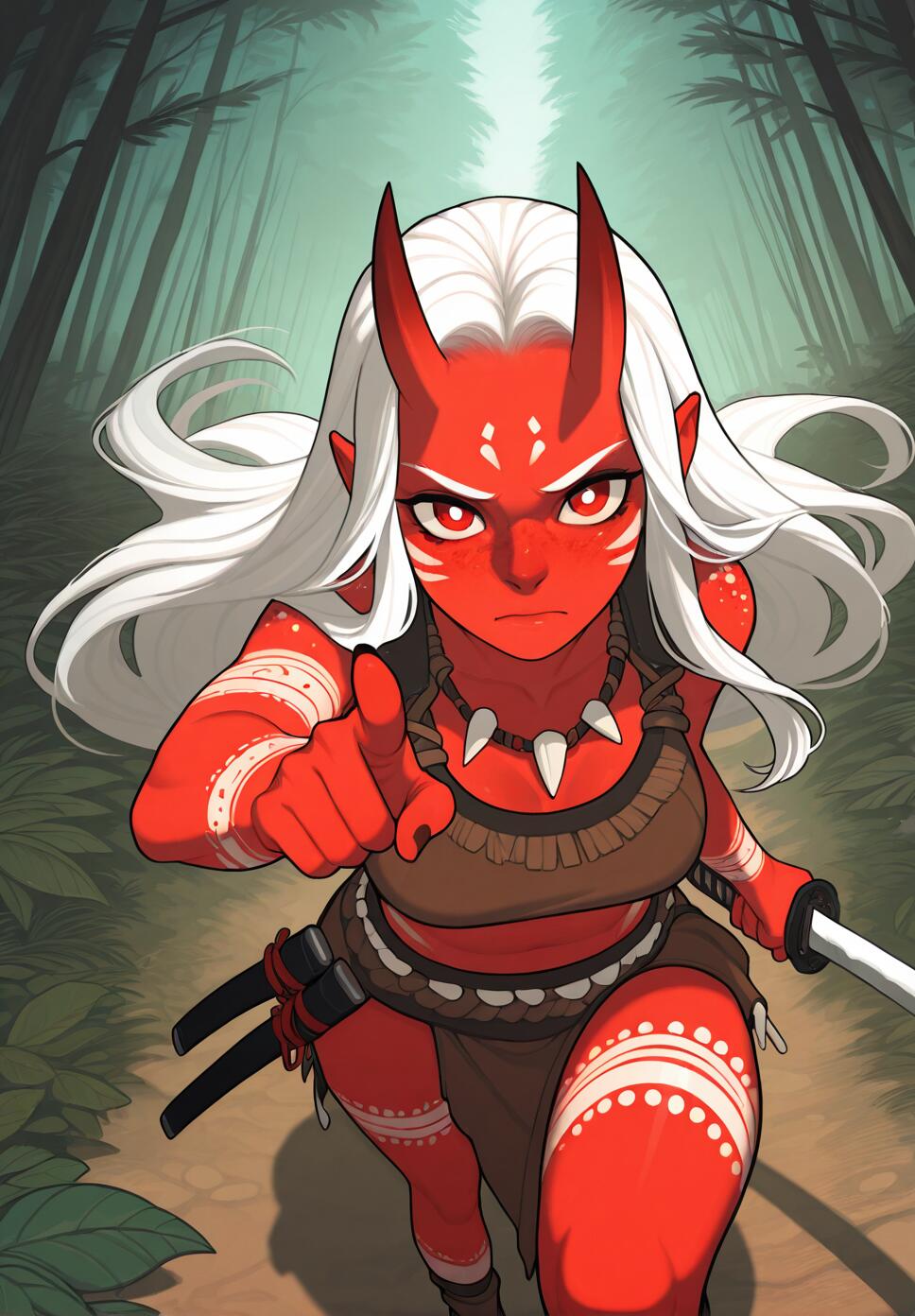Flat vector illustration of a mature oni woman with long white hair, horns, and red eyes, pointing a katana at the viewer.