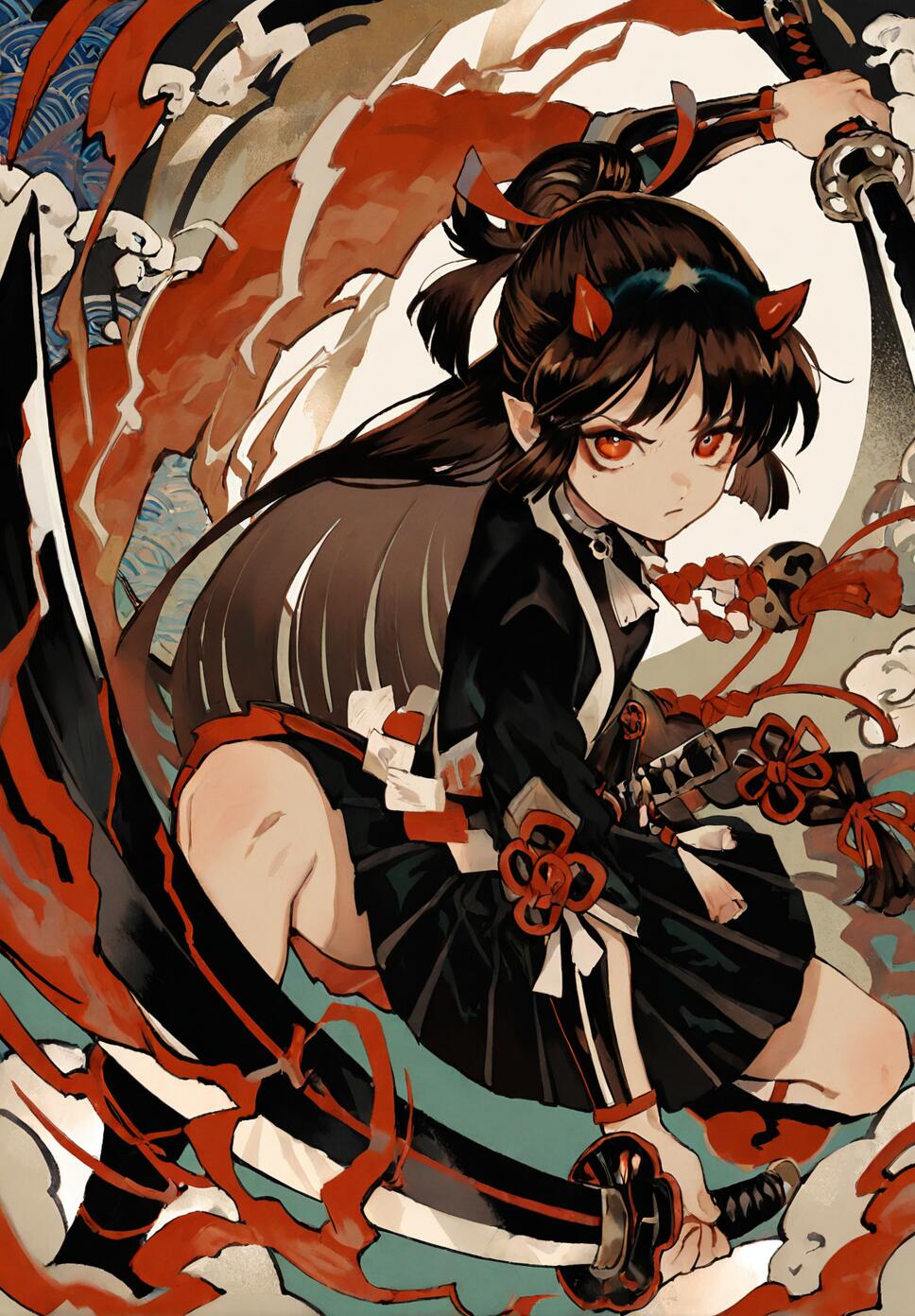 An illustration of a girl with brown hair, demon horns, and red eyes holding a katana, dressed in black onmyoji attire.