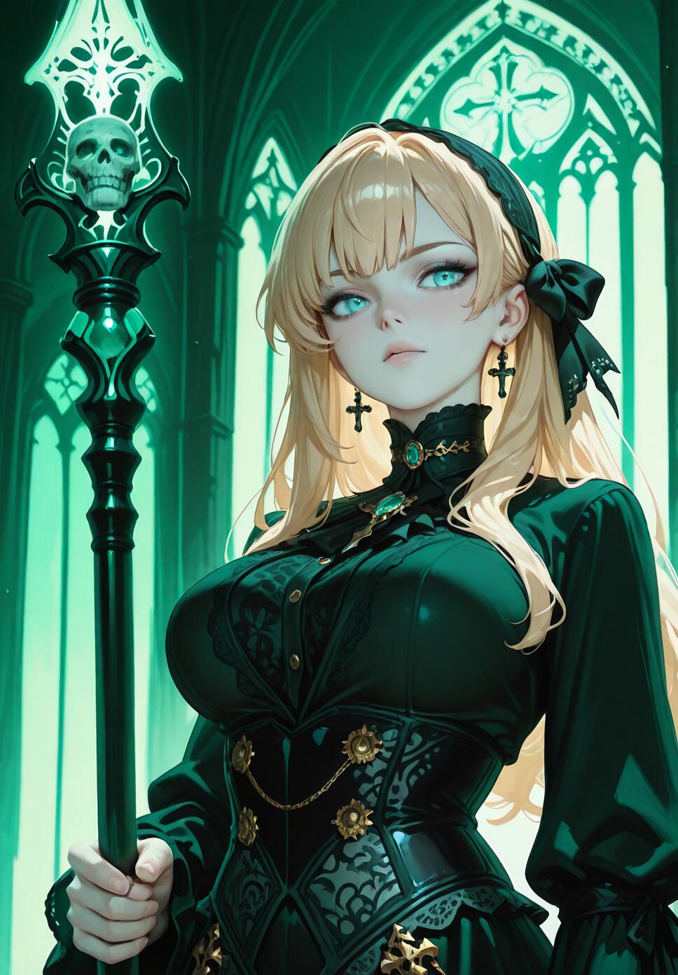 A gothic maiden with platinum blonde hair wearing red and black Victorian lace, holding a skull-topped staff in a dark, atmospheric cathedral.