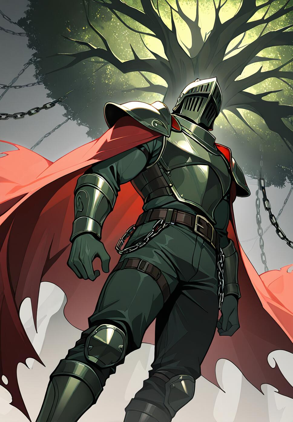 A muscular male warrior in heavy armor and a red cape standing before a giant tree in a dark green forest.