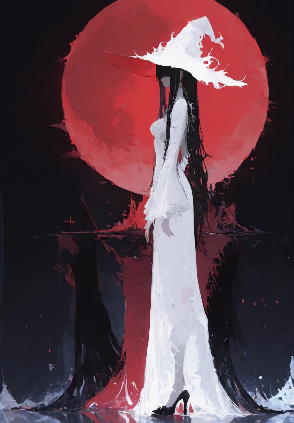 A silhouette of a witch in a white dress and hat standing on a reflective surface under a large red moon.