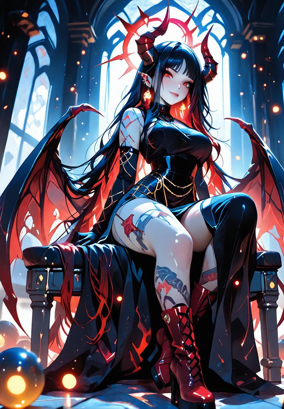 A beautiful demon girl with long black and red hair, sharp horns, and red eyes sitting on a massive throne.