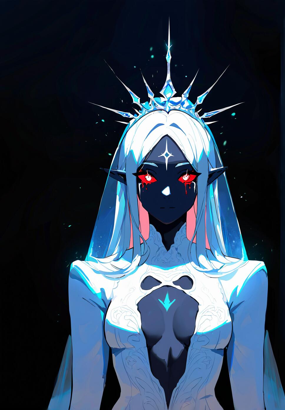 A cinematic portrait of a gothic bride with white hair, red eyes, and a white wedding gown, featuring glowing facial markings and blood from her eyes.