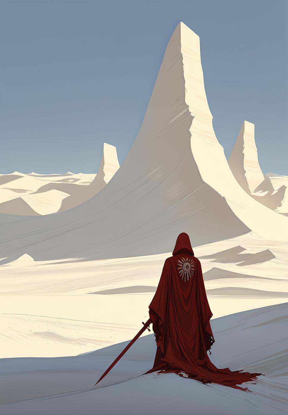 Back view of a person in a large, baggy red mantle with huge sleeves holding a black sword in a vast white sand desert under a blue sky.