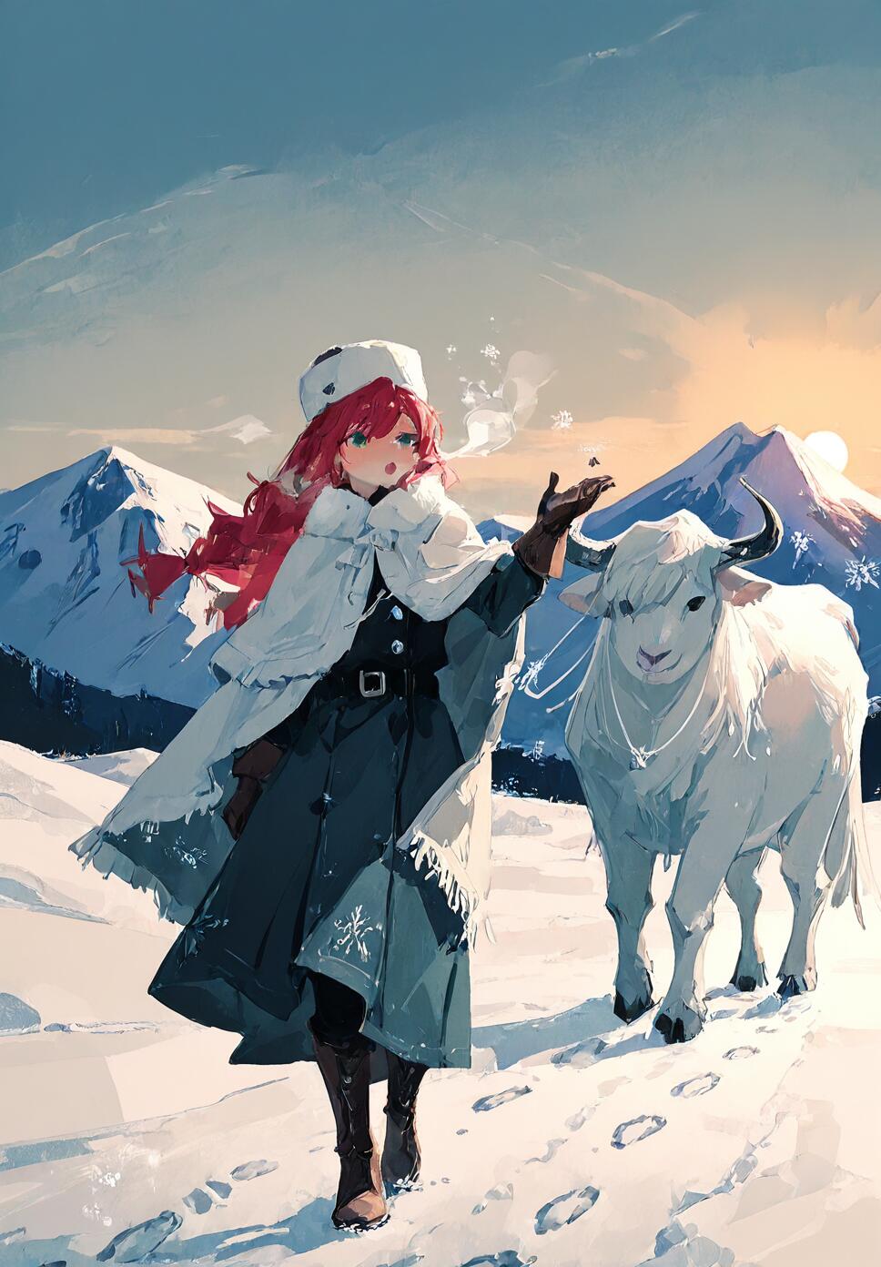 A girl with red braided hair and green eyes wearing a thick fur-lined cloak and white fur hat standing next to a large, snow-covered yak in a cinematic snowy mountain landscape.