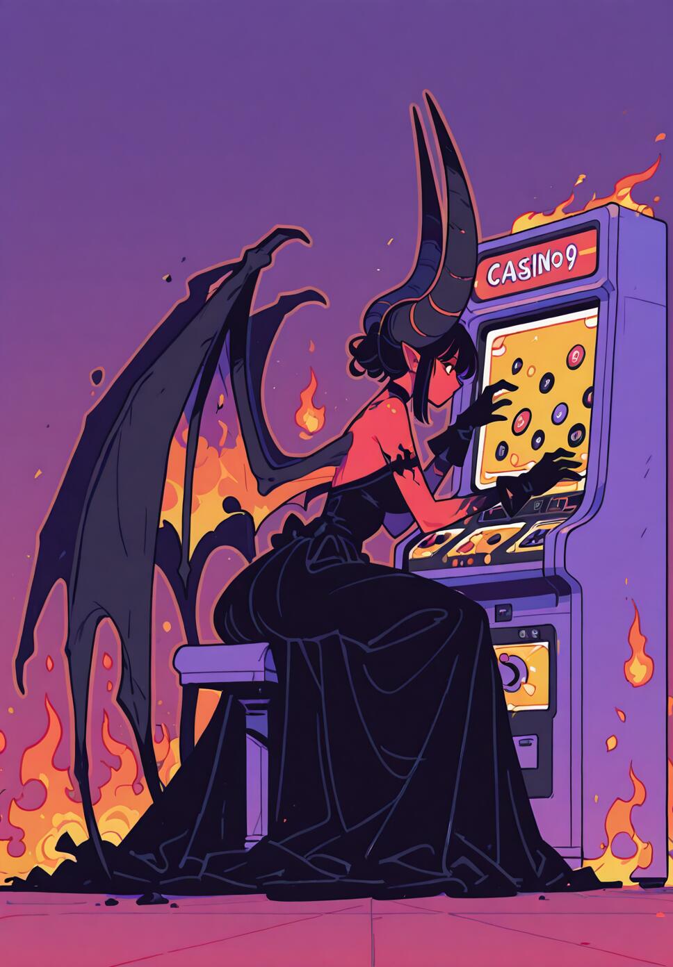 A flat vector illustration of a crimson-skinned demoness with large horns and wings playing a slot machine in a casino.