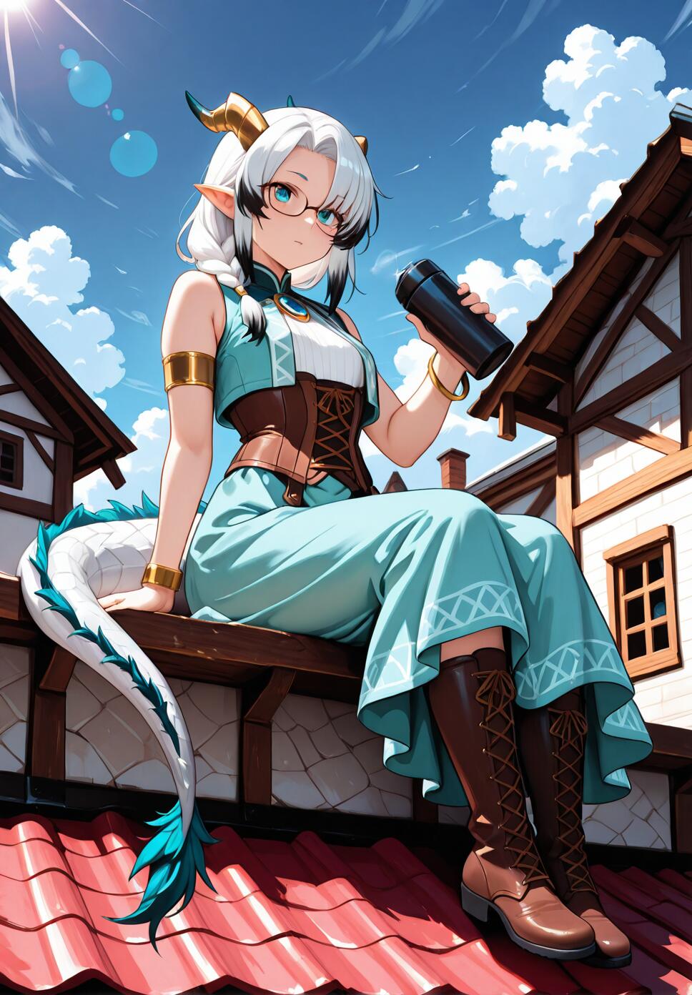 A dragon girl with white horns, white hair with black tips, and glasses sitting on a rooftop edge holding a thermos in the countryside.
