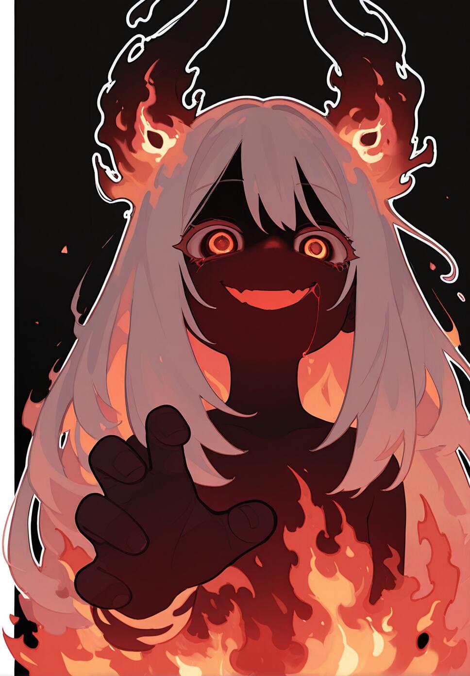 Close-up of a shadowy demonic figure with glowing burning eyes and a sinister smile emerging from pitch-black darkness with a sharp claw reaching up.