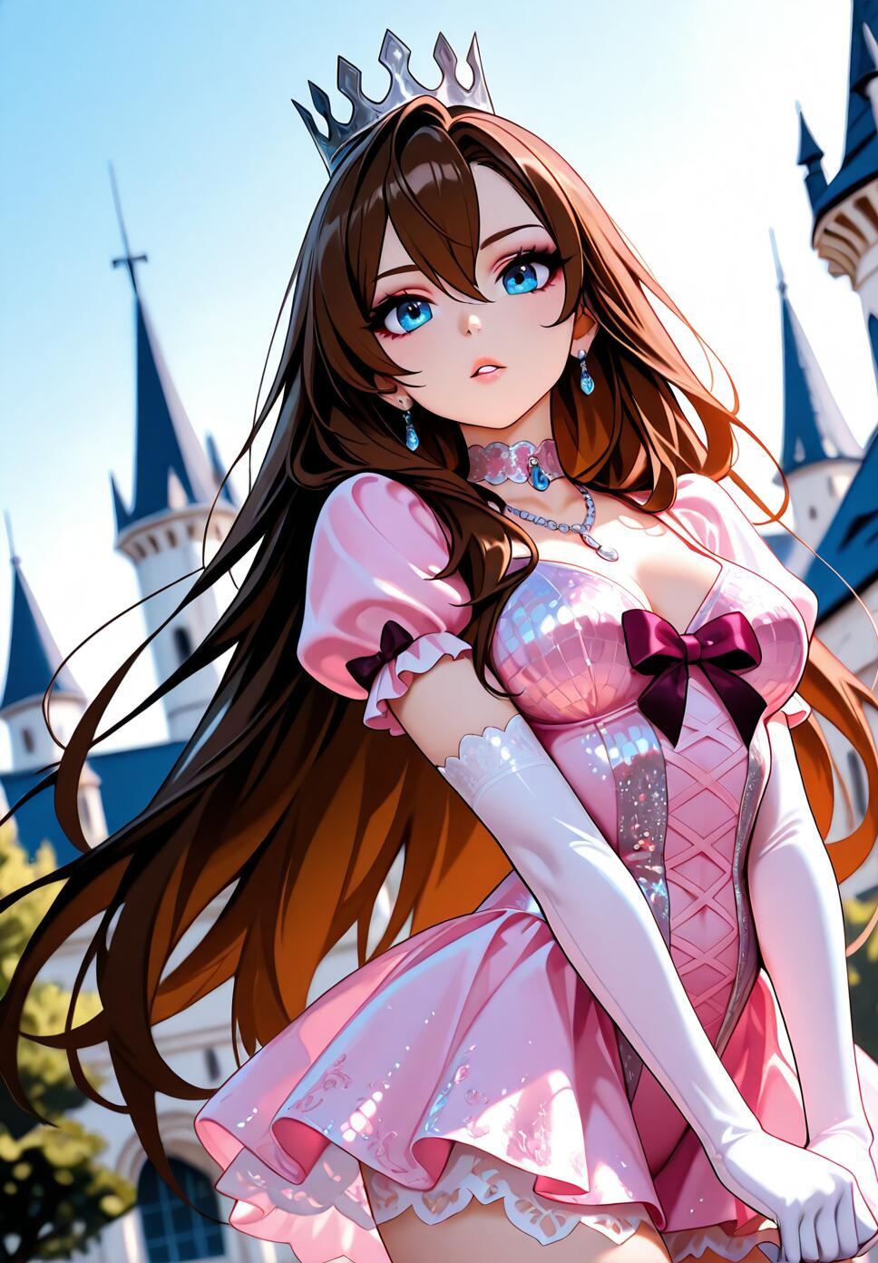 A digital illustration of a girl with long brown hair and blue eyes wearing a sparkling pink ornate dress and a silver crown in a castle garden.