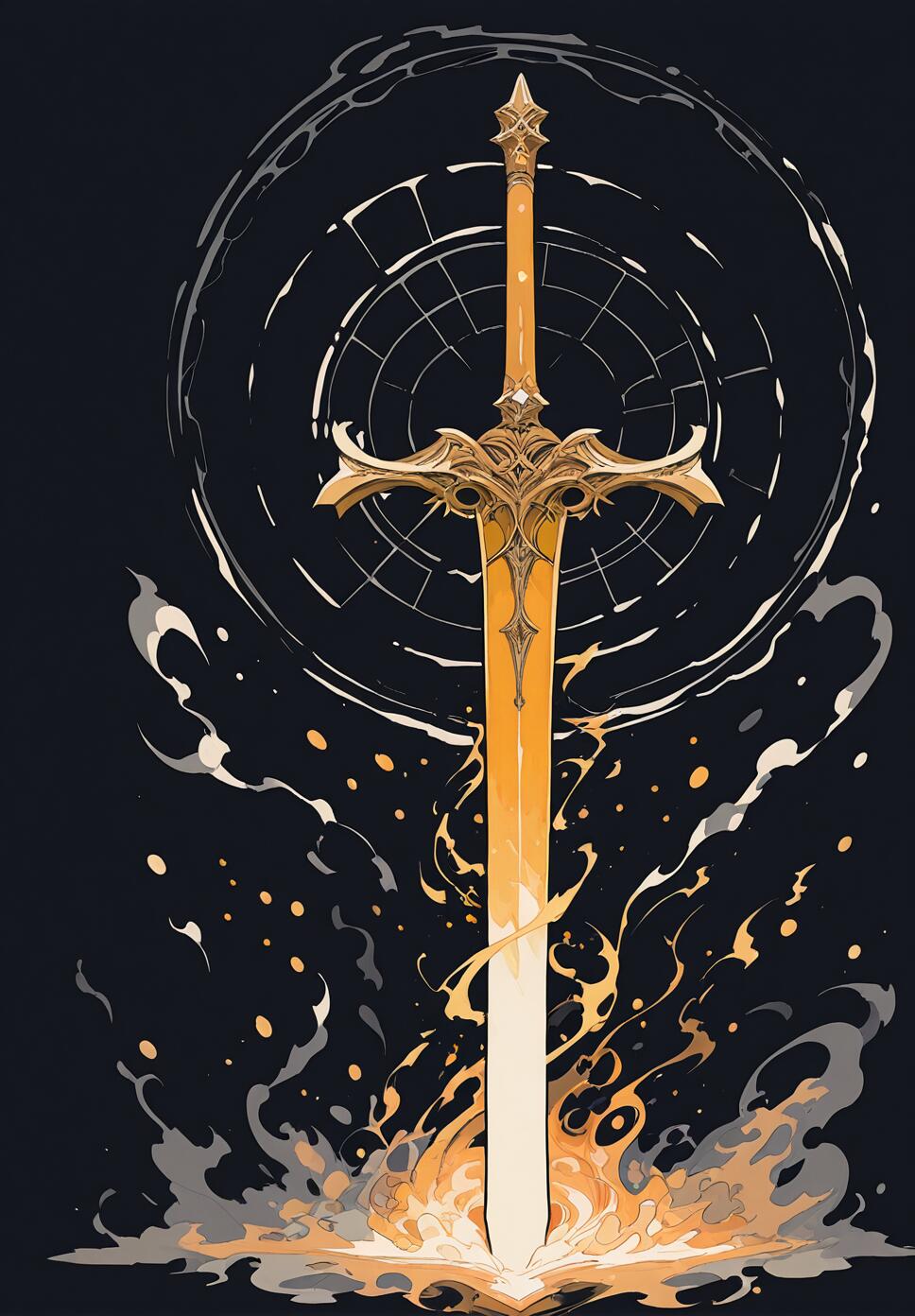 An ornate gold and black medieval sword planted in stone, surrounded by glowing flames, swirling smoke, and magical embers against a dark, abstract background.