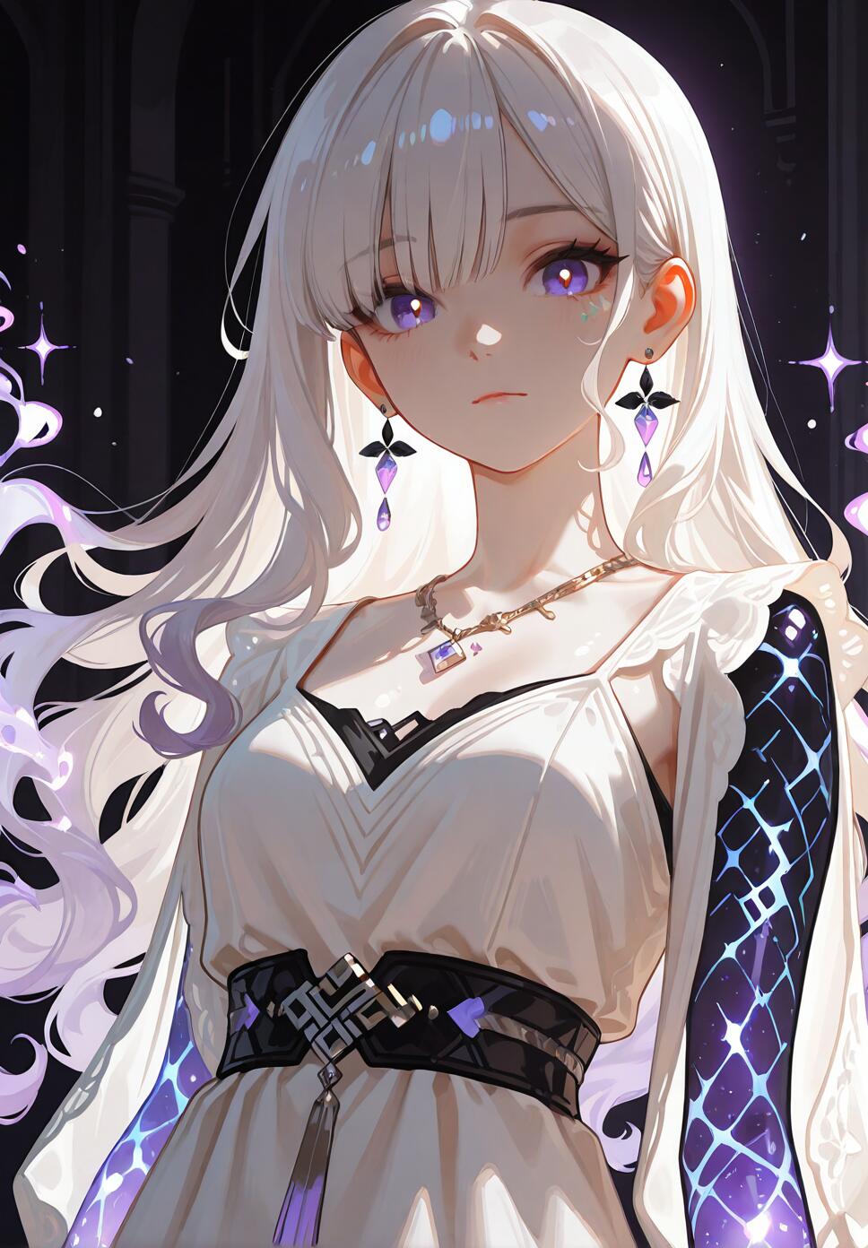 An elegant woman with wavy white hair, luminous purple eyes, and intricate black skin patterns, wearing a flowing white dress with purple accents.