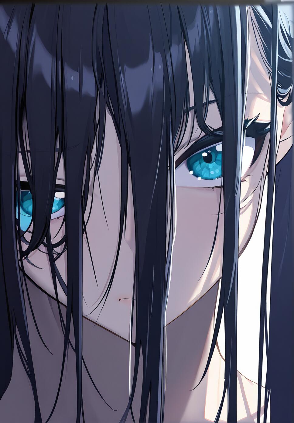A high-resolution, close-up portrait of a character with strikingly beautiful, detailed eyes and intricate facial features, illuminated by dramatic, high-contrast lighting in a dystopian setting.