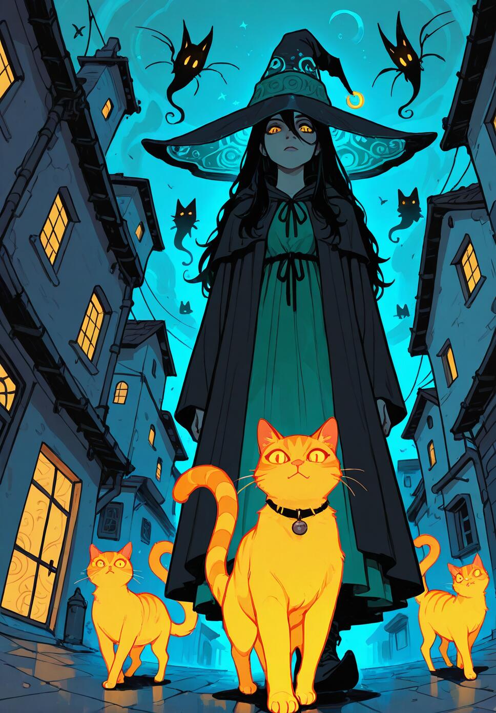A stylized illustration of a mage wearing a witch hat and robes, surrounded by glowing, transparent ethereal cats running towards the camera.